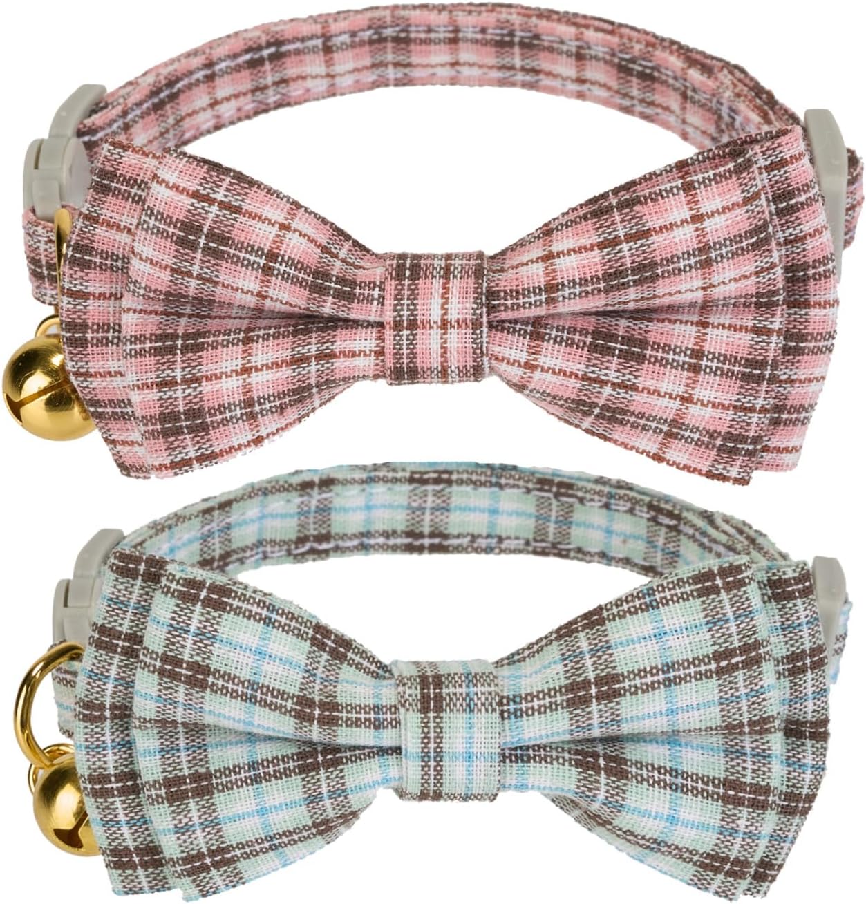 2 Pack Soft Cotton Cat Collars with Bowtie and Bell Breakaway Plaid Cat Kitten Collar(Pink and Jade Green)