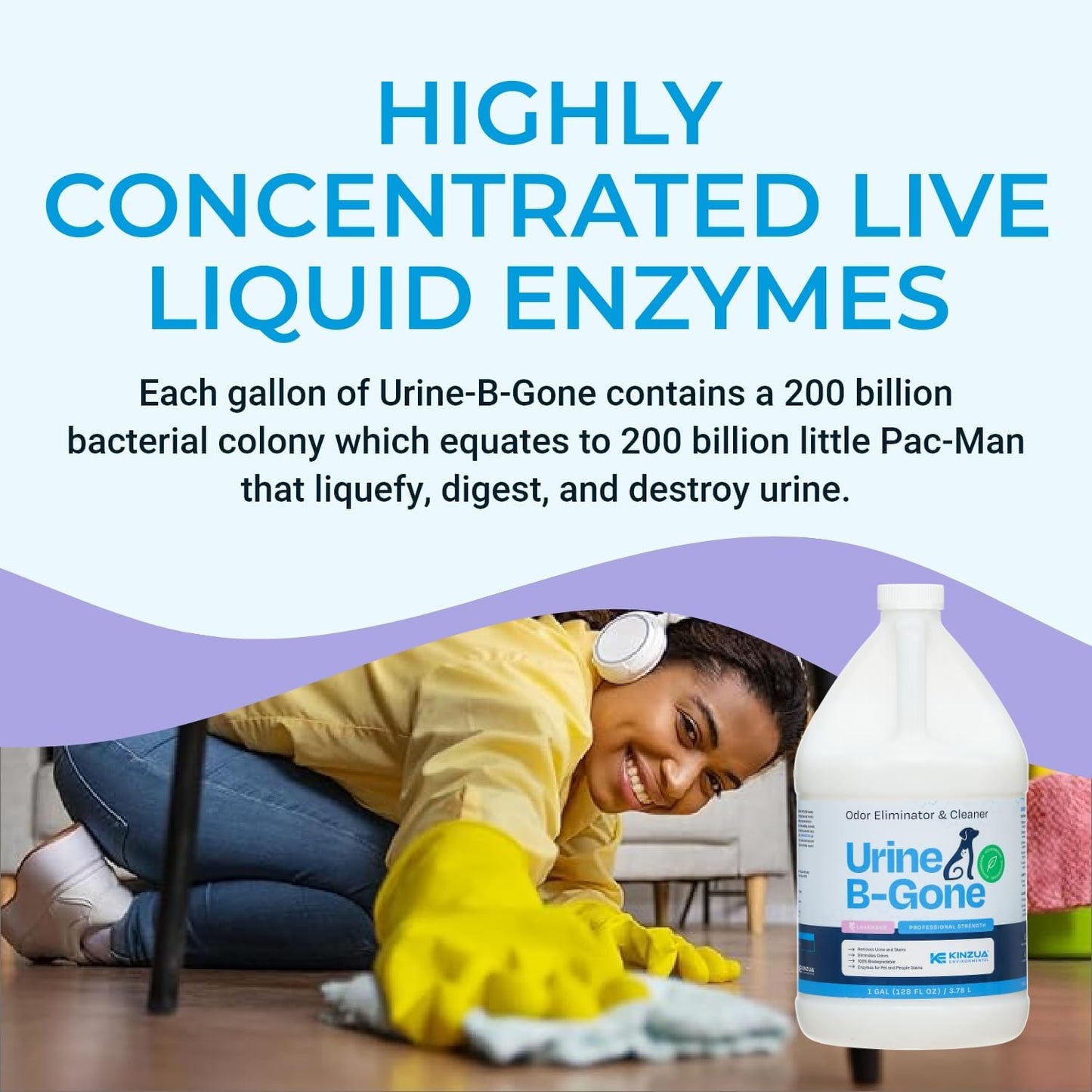 KINZUA ENVIRONMENTAL Urine B-Gone, Professional Enzyme Odor Eliminator & Pet Stain Remover, Human, Cat & Dog Urine Cleaner, Effective on Laundry, Carpets & More, Lavender Scent, 1 Gallon
