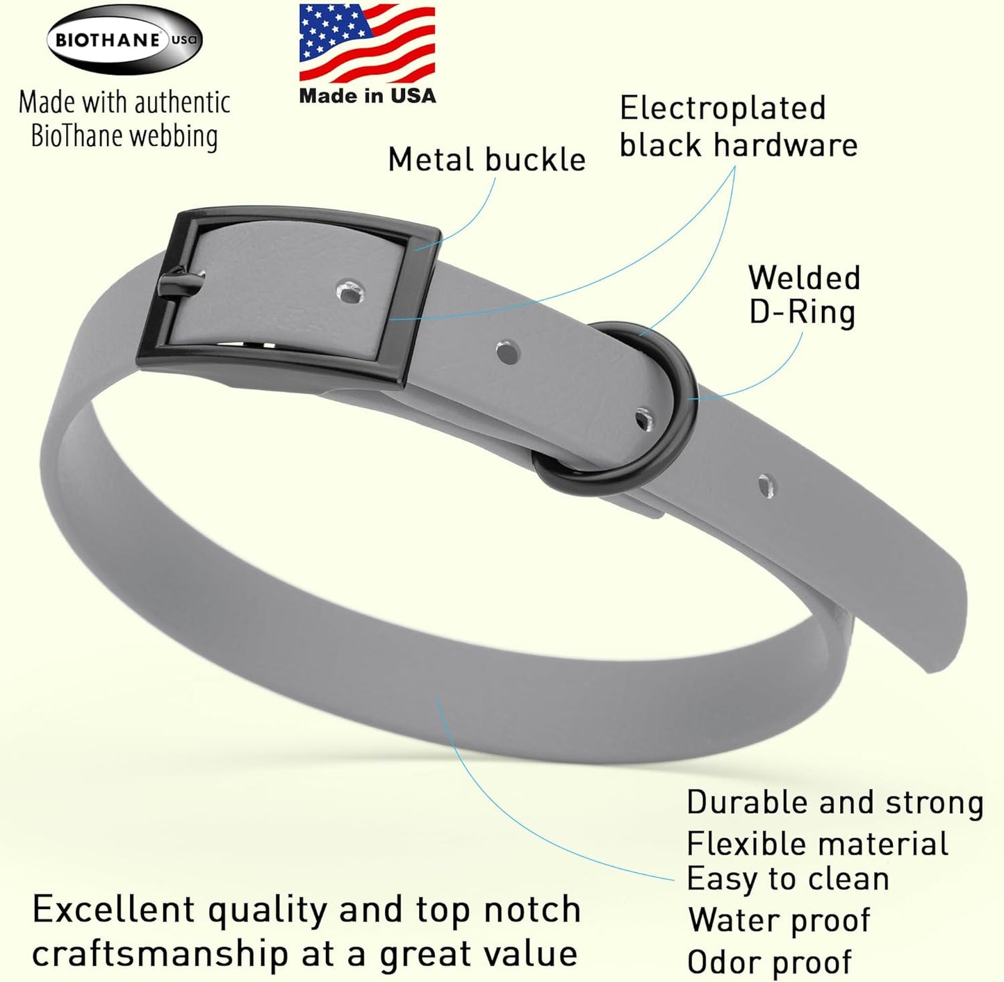 Dogline Biothane Waterproof Dog Collar Strong Coated Nylon Webbing with Black Hardware Odor- Proof for Easy Care Easy to Clean High Performance Fits Small Medium or Large Dogs, Battleship Gray