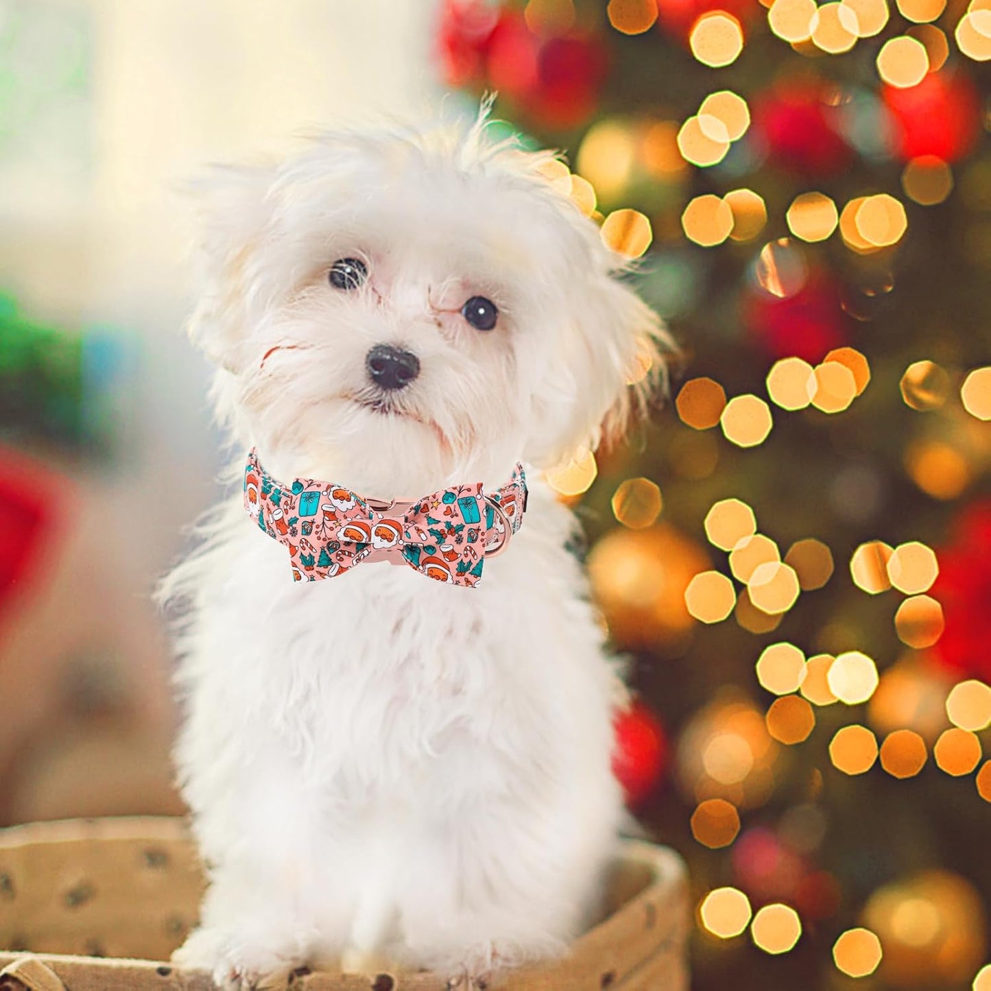 Unique Style Paws Christmas Day Dog Collar with Bow Pink Christmas Man Cotton Puppy Collars for Small Medium Large Dogs