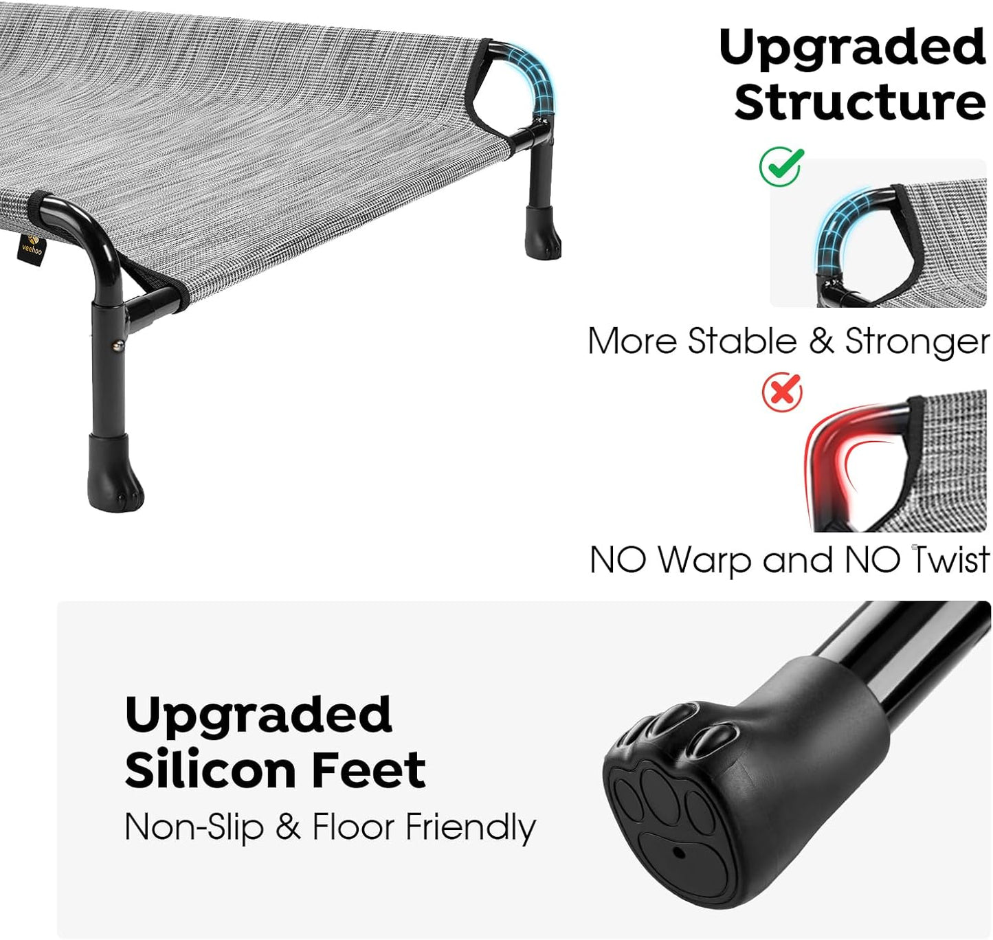 Veehoo Cooling Elevated Dog Bed - Raised for Large Dogs, Outdoor With Guardrail, Upgraded Non-Slip Feet, Breathable Teslin Mesh, Portable Camping Cot, 53 x 33 Inches, Black Silver
