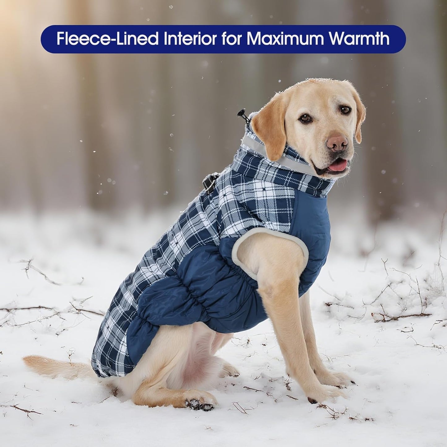 FUAMEY Dog Coat for Large Dogs,Waterproof Dog Winter Jacket with Harness Built in Puppy Cold Weather Coats Reflective Pet Vest with Zipper Warm Fleece Dogs Snowsuit Windproof Blue Plaid 2XL