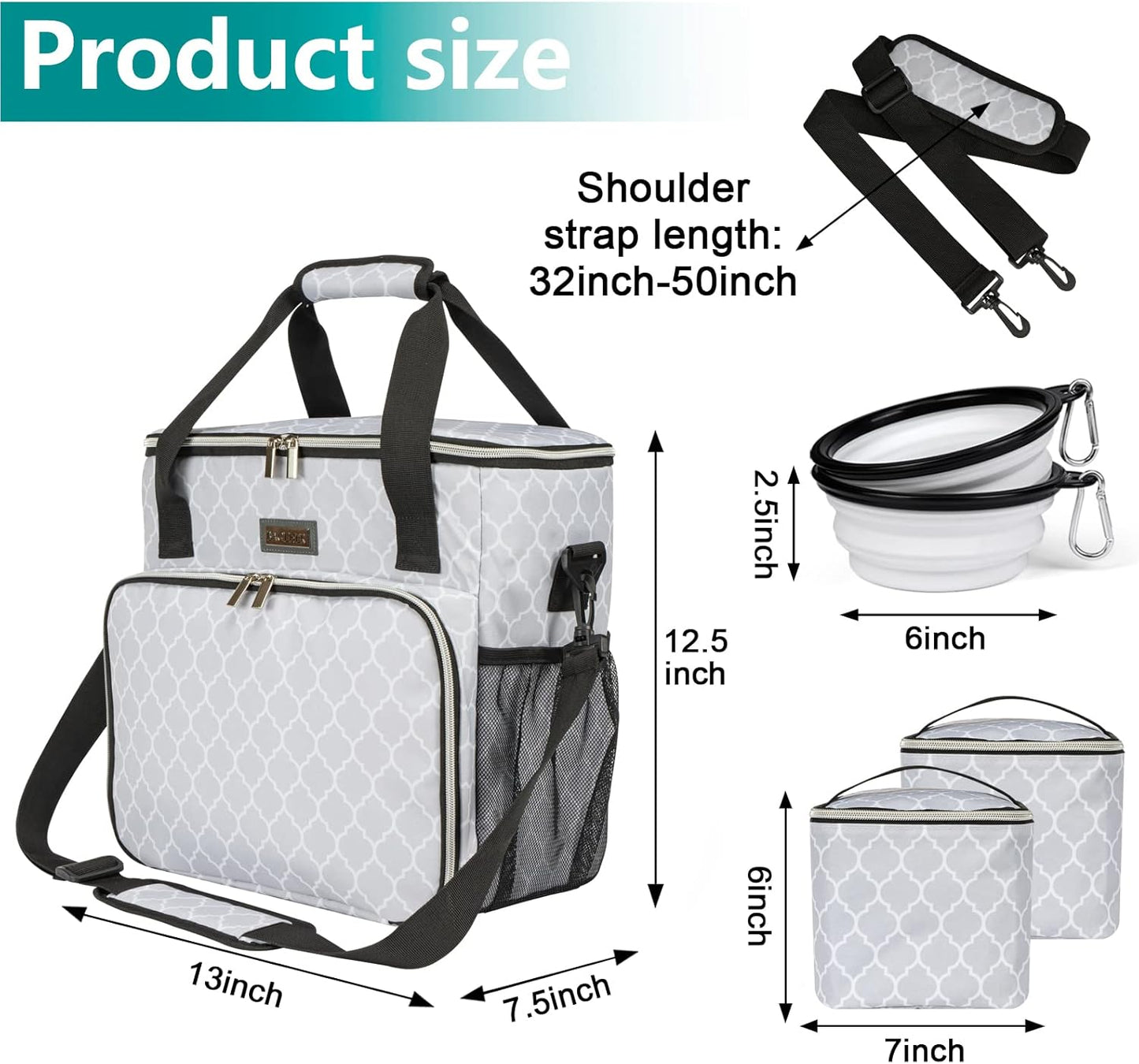 BAGLHER Dog Travel Bag, Pet Travel Bag (ALL Pet Travel Supplies), With 2 Pet Food Containers and 2 Collapsible Silicone Bowls; Essential Kits for Pet Travel DLwhite