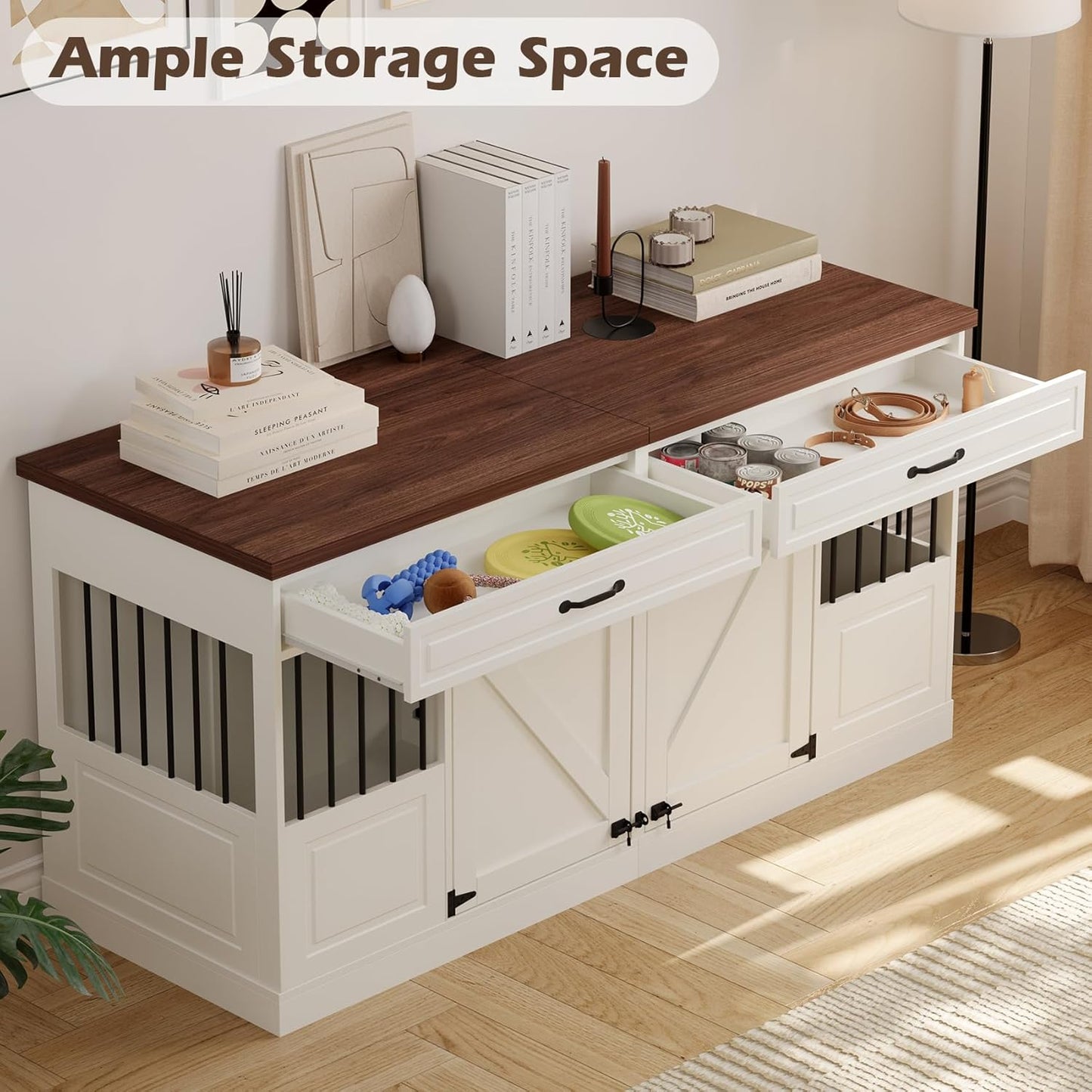 Large Dog Crate Furniture - Wooden Indoor Dog Kennel Furniture for 2 Dogs with 2 Drawers and Removable Divider, Heavy Duty Dog Crate Table, 63" L x 23.6" W x 31.5" H, White