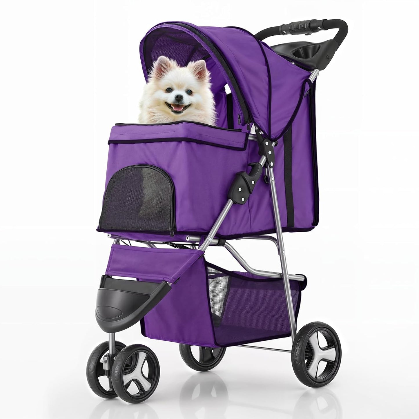 MoNiBloom 3 Wheels Pet Dog Cat Stroller for Small Medium Dogs Cats, Lightweight Foldable Jogger Stroller w/Storage Basket and Cup Holder, Purple