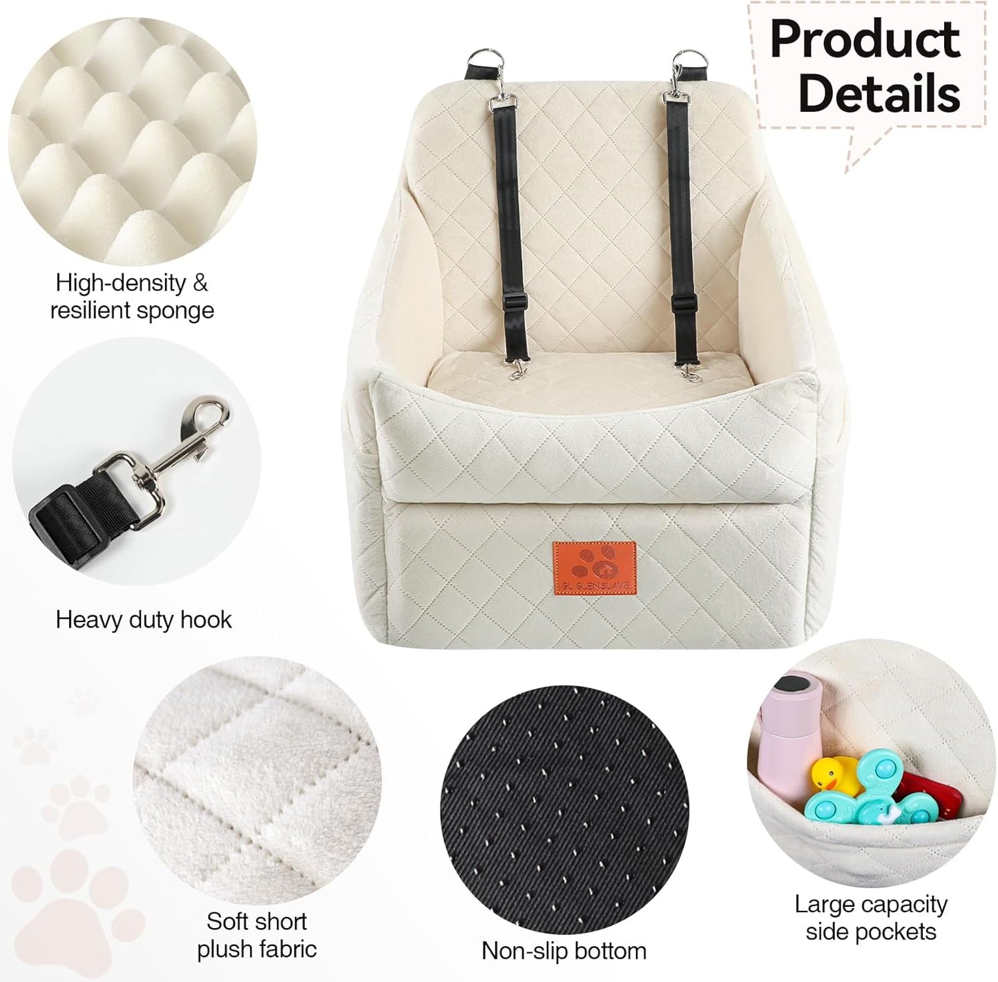 Dog Car Seat for Small/Medium Dogs, Dog Booster Car Seats with Thick Cushion for Dogs Under 35lbs, Detachable Washable Pet Carseat with Storage Pockets, 2 Safety Belts(Beige)