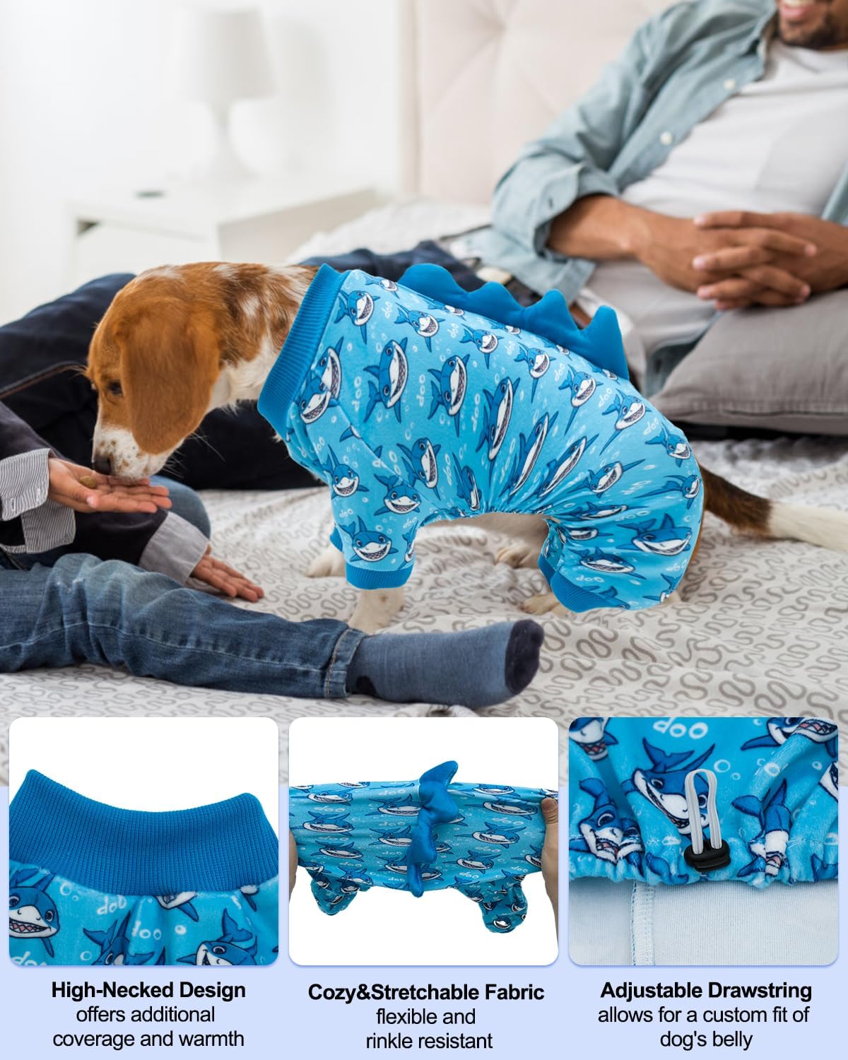 CuteBone Shark Costume Dog Pajamas, Stretchy Spandex Crystal Velvet Sleepwear Coat for Small Dogs, Soft & Warm Pet Outfit Clothes for Cold Weather, Cozy Pullover Design COSP07XS