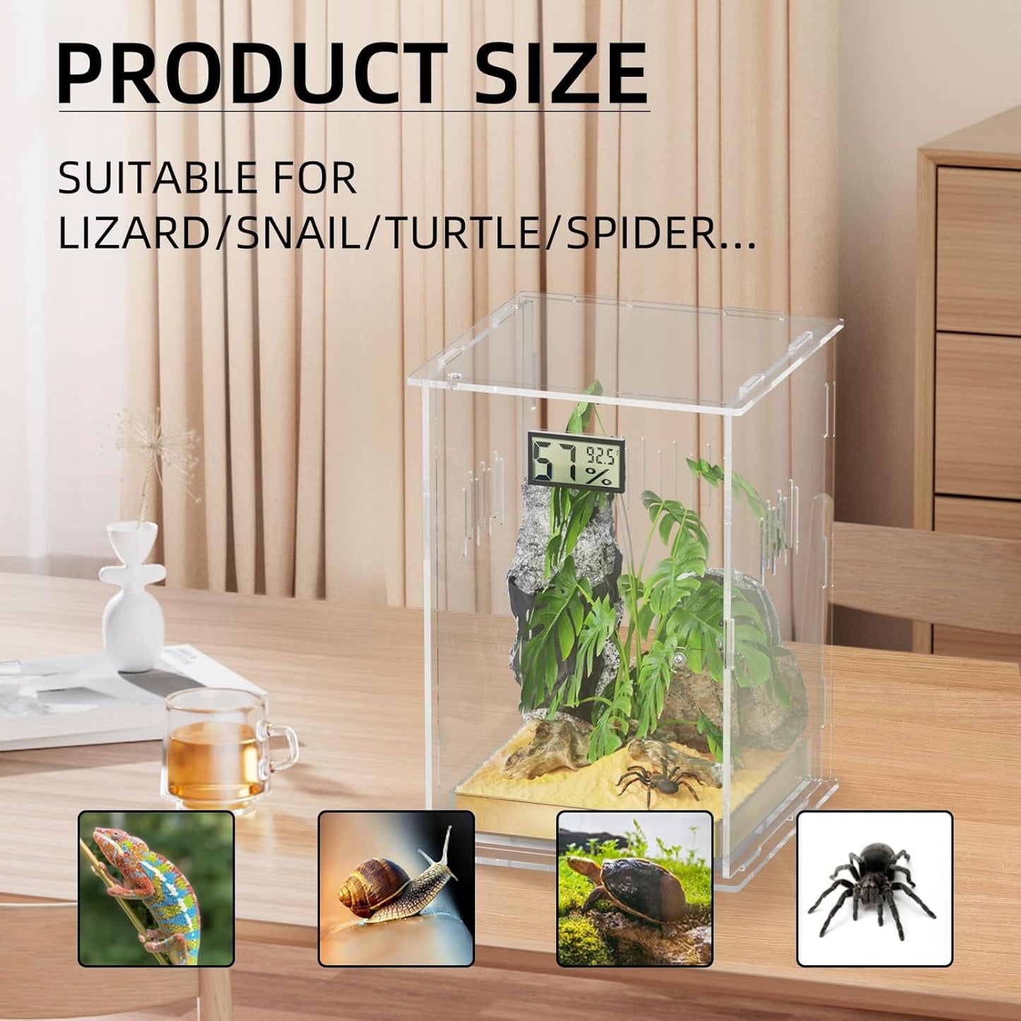 Reptile Terrariums, with Temperature Hygrometer, 7.1"x7.1"x11.8" Acrylic Reptiles Breeding Box Terrarium Cage Tank for Small Reptile Insect Home Office (Arboreal Large)