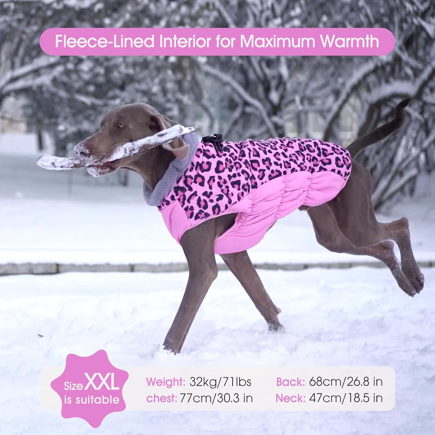 FUAMEY Dog Coat for Small Dogs,Waterproof Dog Winter Jacket with Harness Built in Puppy Cold Weather Coats Reflective Pet Vest with Zipper Warm Fleece Dogs Snowsuit Windproof Pink Leopard XS