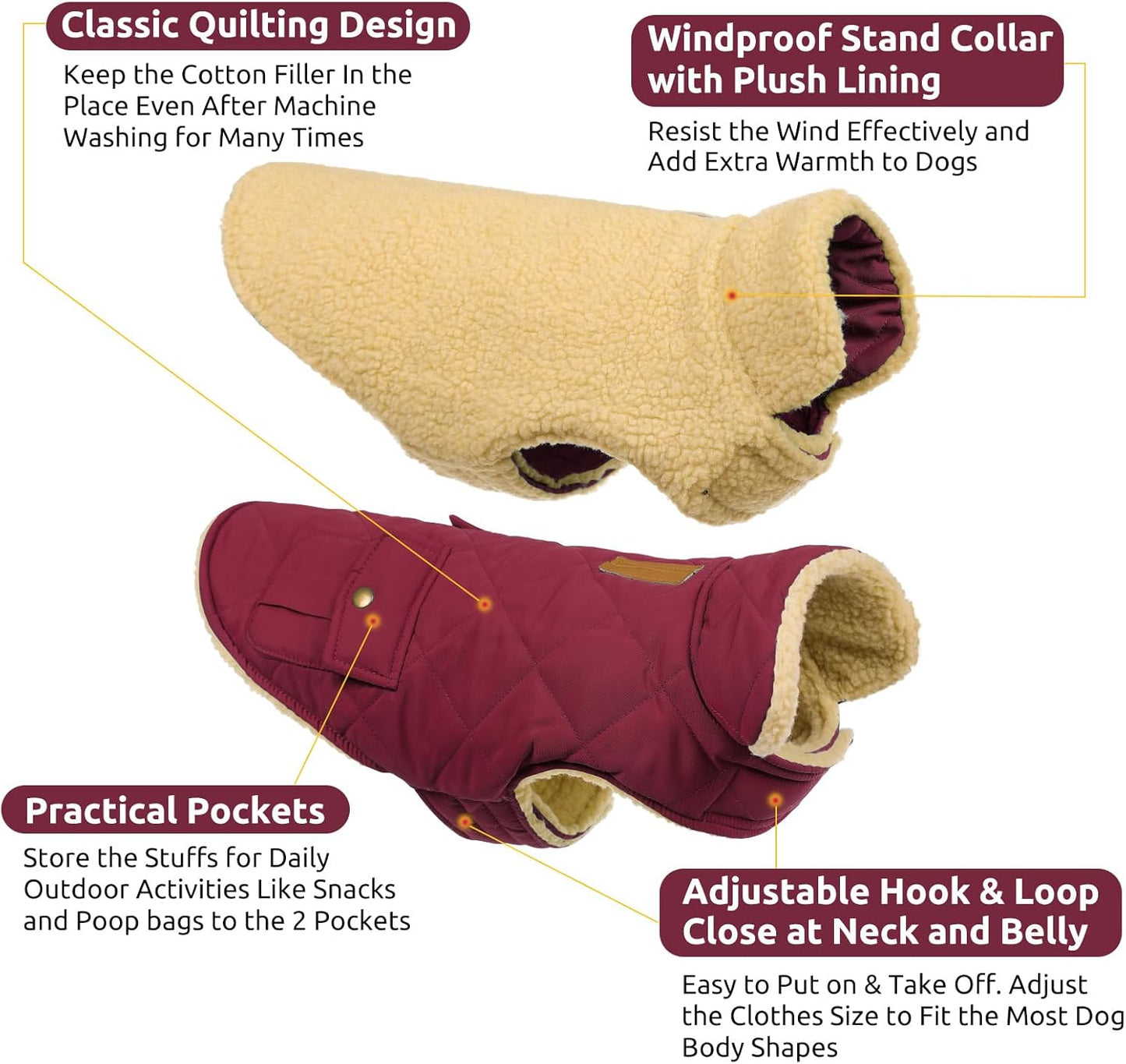 Queenmore Dog Winter Coat Warm Puffer Jacket Waterproof Plush Lining Thermal Cold Weather Vest for Small Medium Large Dogs, Windproof Easy On Pet Jacket Burgundy XS