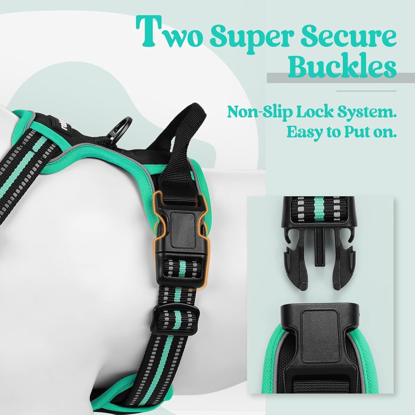 rabbitgoo Dog Harness No Pull with 2 Leash Clips, Adjustable Soft Padded, Reflective Oxford No Choke Pet Vest with Easy Control Handle for Large Dogs, Black & Turquoise, L