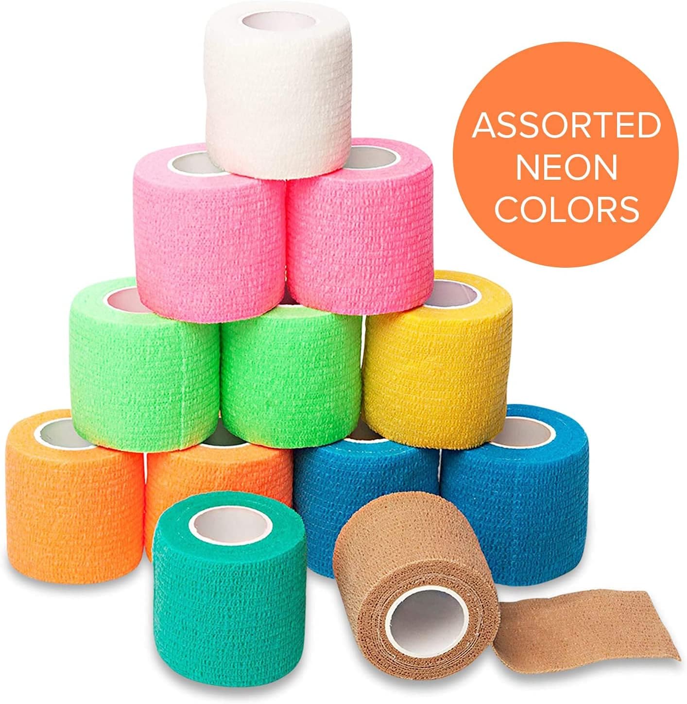 California Basics, Self Adhesive Bandage Wrap, 2 Inch by 5 Yards Non Woven Cohesive Bandage Rolls, 24 Pack, Vet/Stretch Wrap, Multi Colored Neon Medical Athletic Tape for Wrist, Waterproof