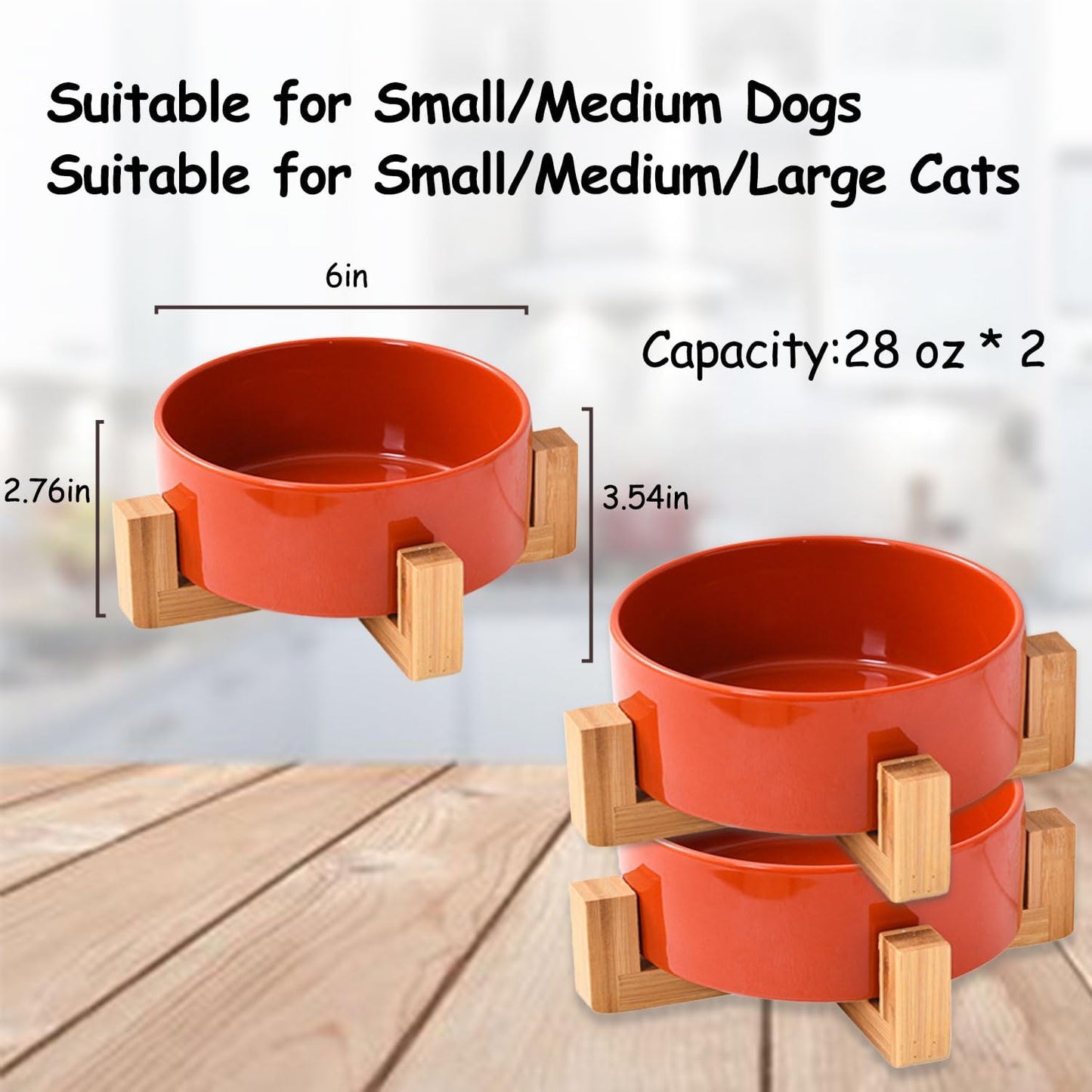Petygooing Ceramic Dog Cat Bowl Set with Stand - Medium Dog Bowls, Anti-Slip Set of 2 - 28 OZ /3.6 Cups - Rust Red