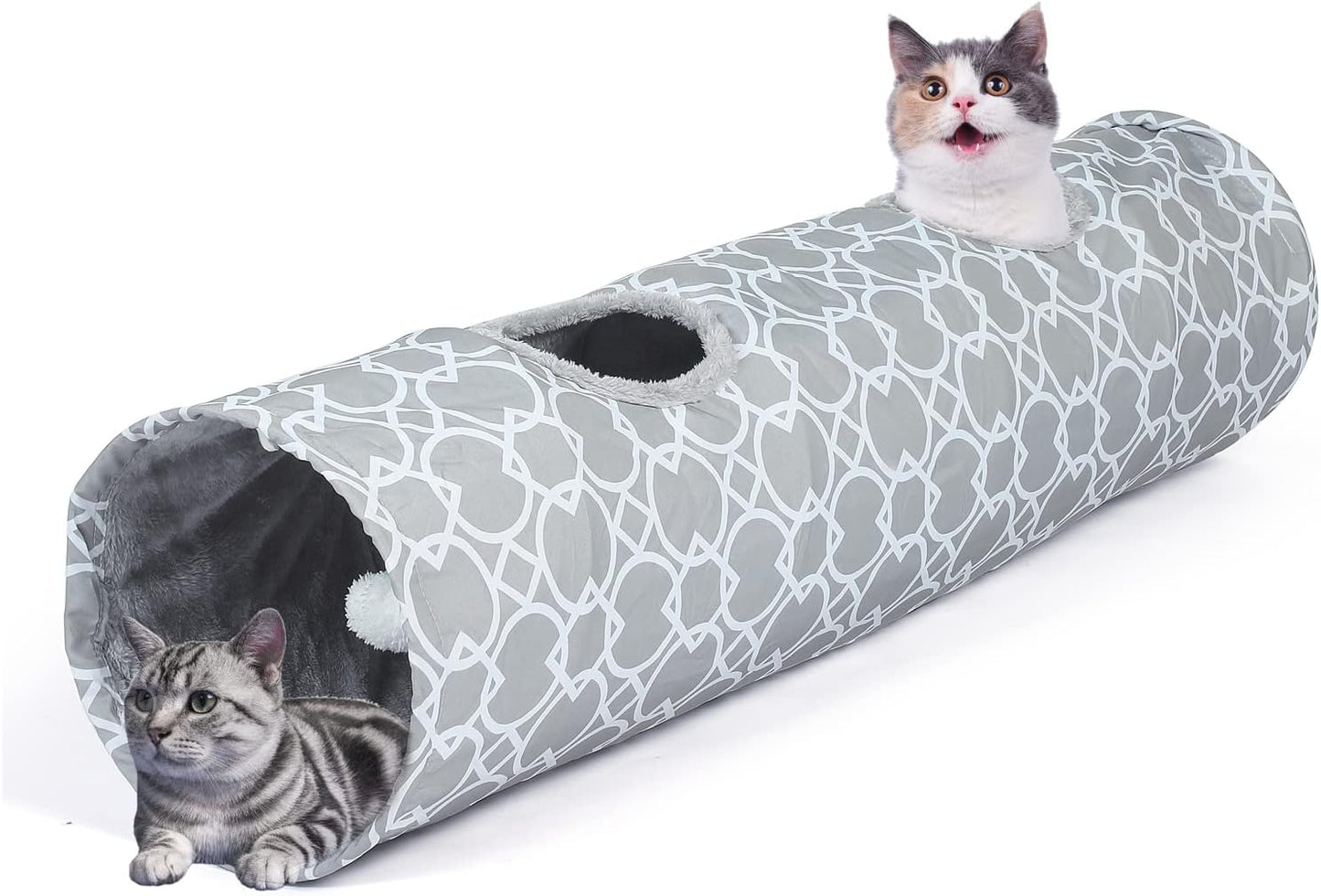 LUCKITTY Geometric Straight Cat Tunnel with Plush Inside,Cats Toys Collapsible Tunnel Tube with Balls, for Rabbits, Kittens, Ferrets,Puppy,Diameter 11.8 Inch