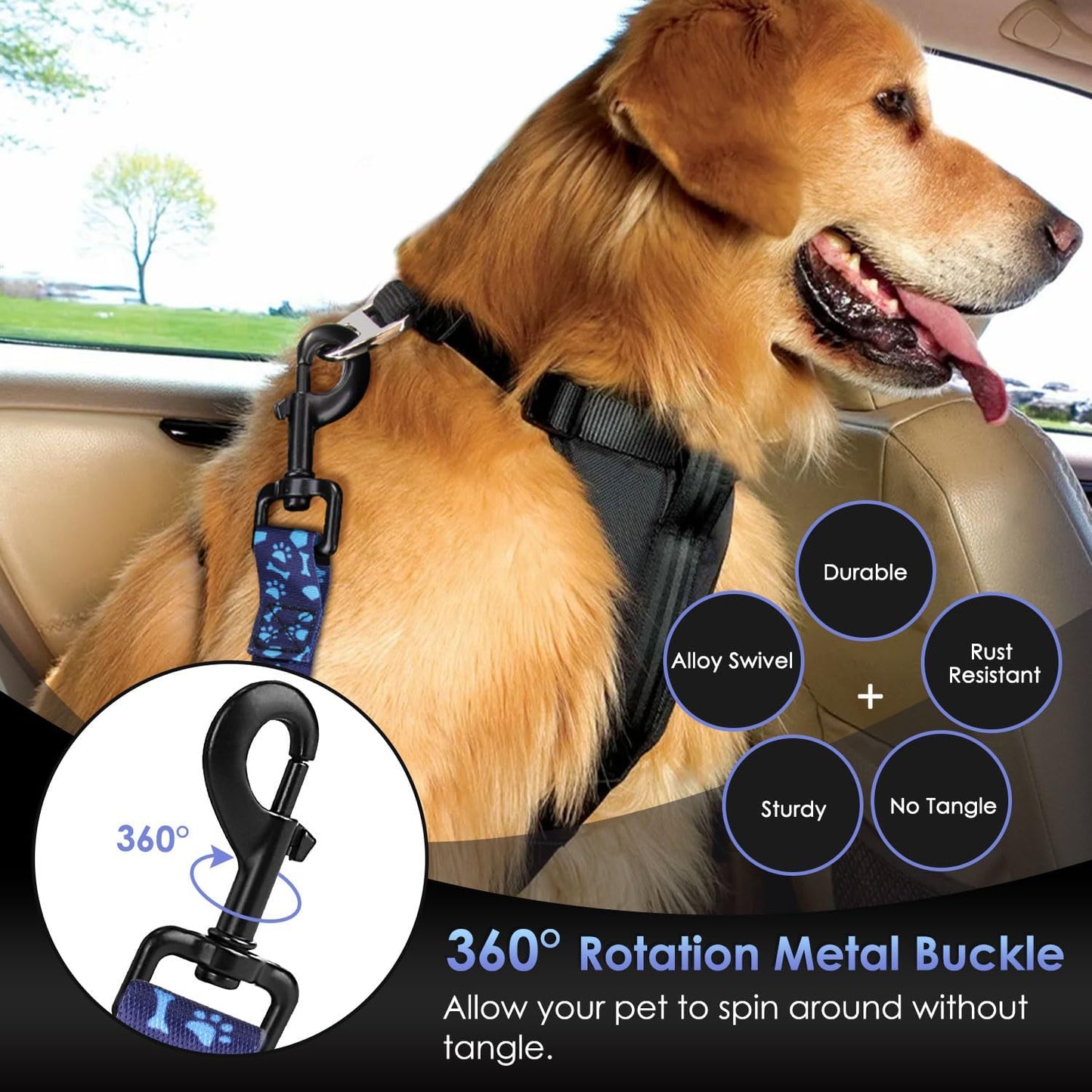 SlowTon Dog Seat Belt, Adjustable Dog Safety Belt Leash, 2 in 1 Latch Bar Attachment Dogs Car Seatbelt with Elastic Nylon Bungee Buffer, Reflective Nylon Belt Tether (BL,35.5in)