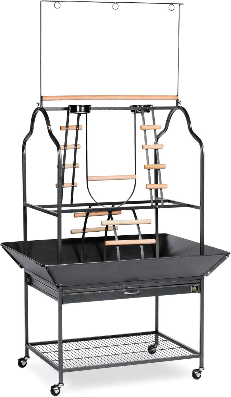 Prevue Pet Products Large Parrot Playstand with Wheels, Bird Stand Activity Play Center with Perches and Ladders, Indoor Outdoor Playground for Birds, Black Hammertone Finish