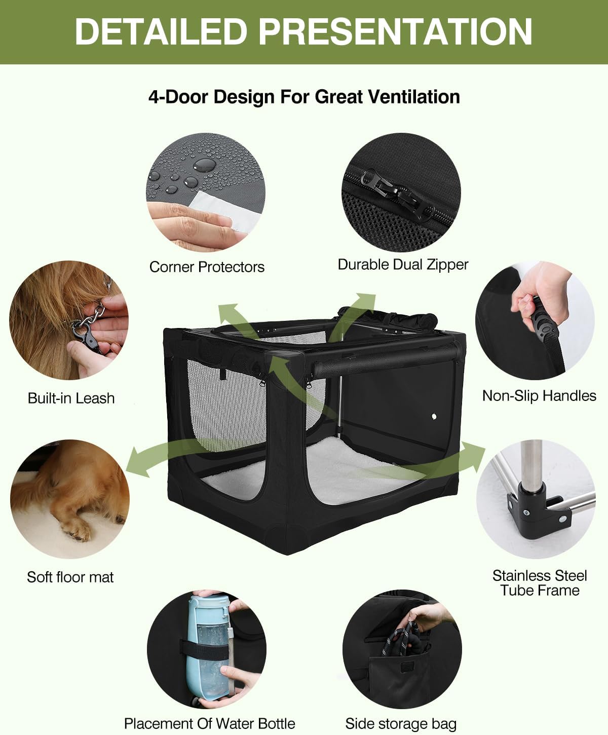 42-Inch Collapsible Travel Dog Crate, Portable 4-Door Soft Kennel for Medium to Large Dogs, Durable Mesh Windows, Indoor/Outdoor Use, Foldable, with Storage Bag (Black)