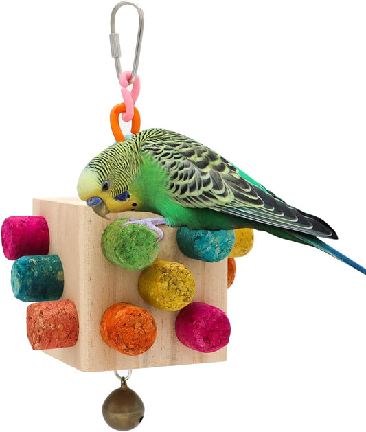 Square Bird Chew Toy, Parrot Cork Stopper Toys Bird Swing Bell Hanging Wooden Puzzle Foraging Toys Small Bird Bite Perch Stand, Small and Medium Parrots (1 Pack-Square Cork Stick)