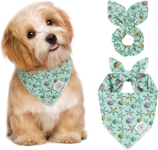E-Clover Summer Starfish Dog Bandanas & Matching Scrunchie Set Blue Dog Scarf Bibs Pet Bandana with Bow Tie for Small Dogs Puppy Owner Mom