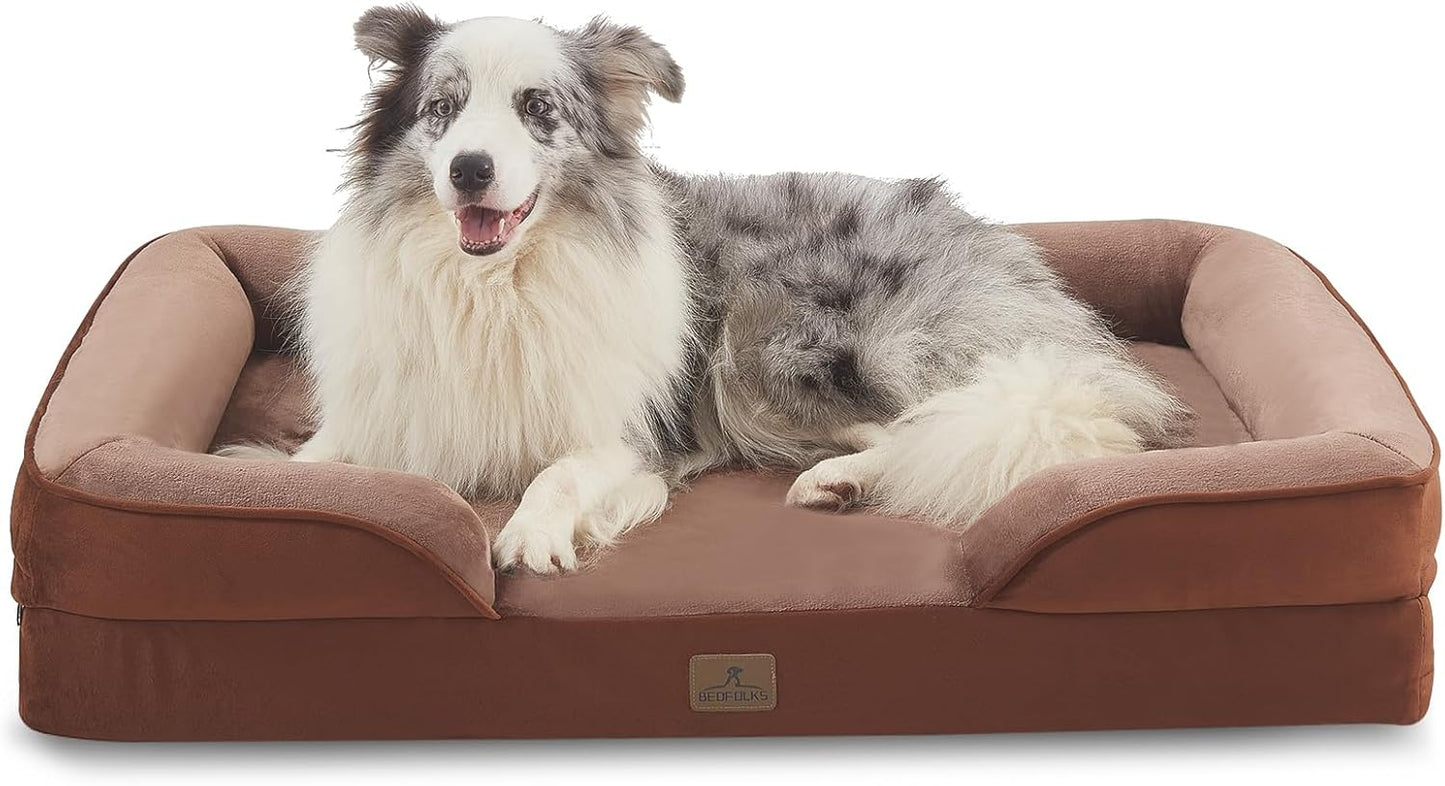 Bedfolks Orthopedic Dog Bed, Big Waterproof Dog Sofa Bed for Large Dogs, Egg Foam Pet Couch Bed with Removable Washable Cover and Nonslip Bottom, Brown