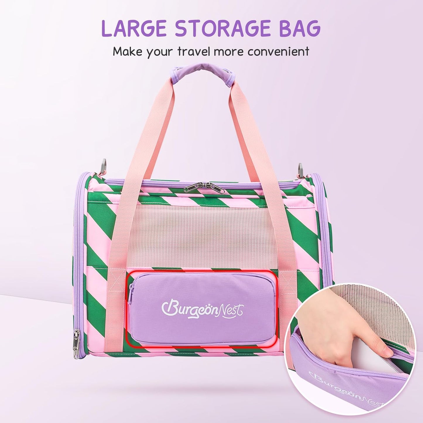 BurgeonNest Cat Carrier, Dog Cat Carriers for Large Medium Cats Under 20 lbs, Soft Sided Pet Carrier, Collapsible Travel Carry Puppy Kitten Cat Carrier with Big Side Bag (Medium, Pink-Green)