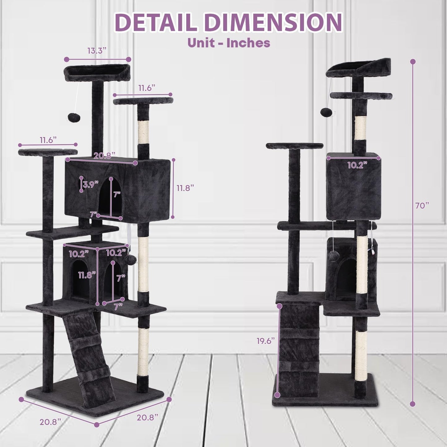 70 inches Cat Tower for Indoor Cats Multi-Level Cat Condos for XL Cat Tree Cat Climbing Tower with Scratching Posts, Hanging Toys,Dark Gray