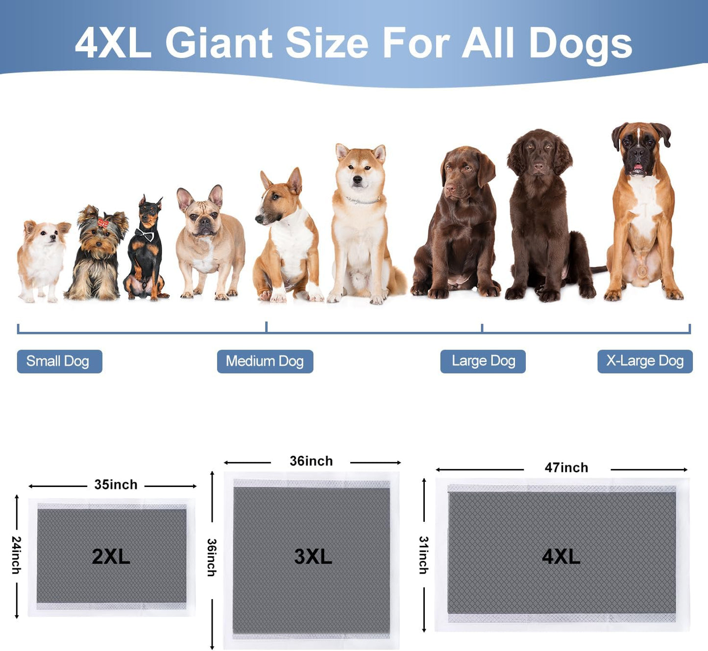47"*31" Puppy Pee Pads for Dogs Extra Large 30 Count, XXXXL Charcoal Pee Pads Odor-Control Absorbs Up to 2000ml, Leak-Proof & Quick-Dry Diaposable Dog Training Pads with Adhesive Sticky Tape