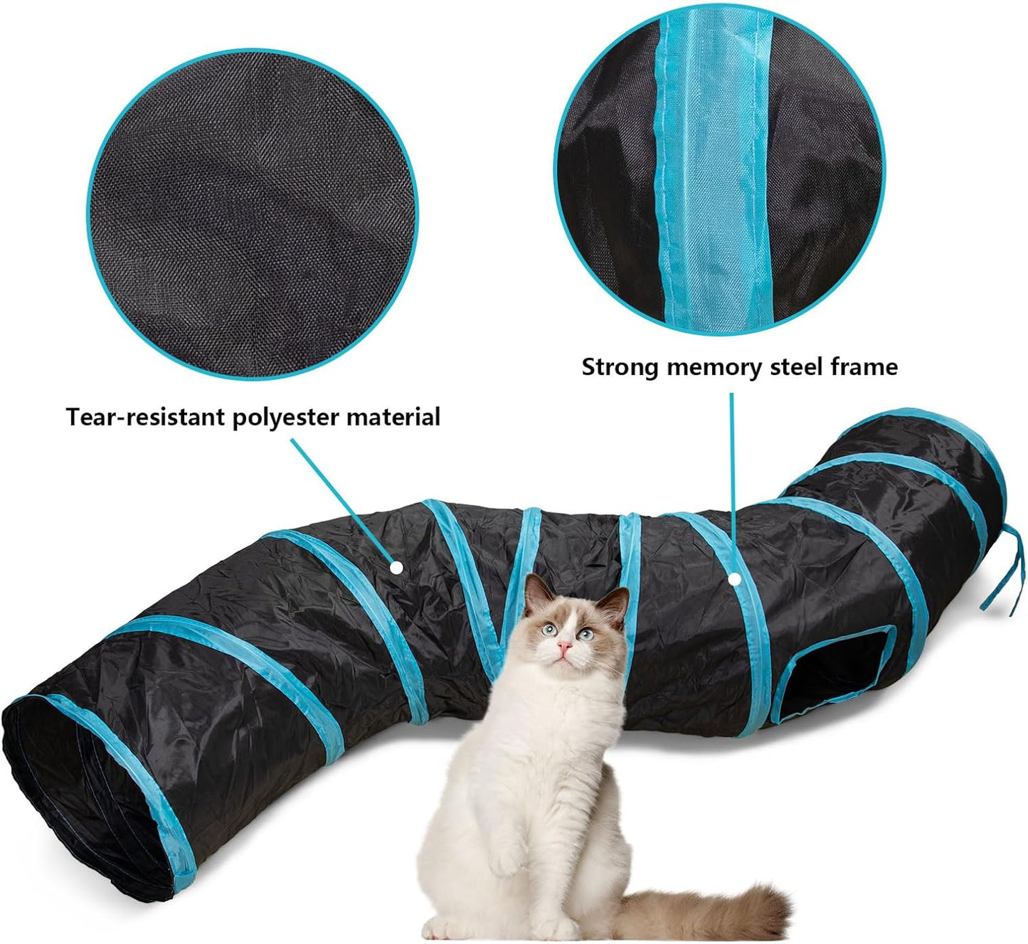 Cat Tunnel, S-2-Way Cat Tunnels for Indoor Cats, Interactive Toy Maze Cat House, Foldable Cat Tubes and Tunnels for Cats Kittens, Puppies, Kitty, Kitten, Rabbit, Guinea Pigs (Blue & Black)