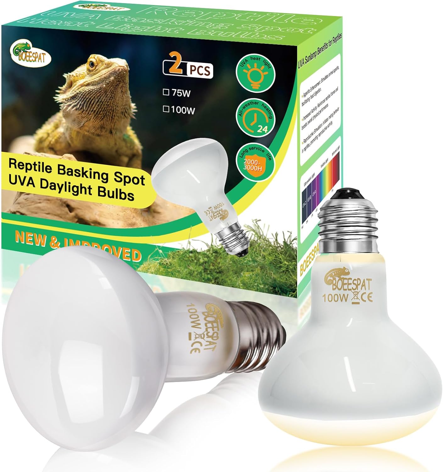 Pack of 2 Reptile Basking Light Bulbs - Incandescent 100W Simulated Sunlight UVA Heat Bulbs for Bearded Dragons, Geckos, Iguanas, Lizards, Amphibians & Small Pets
