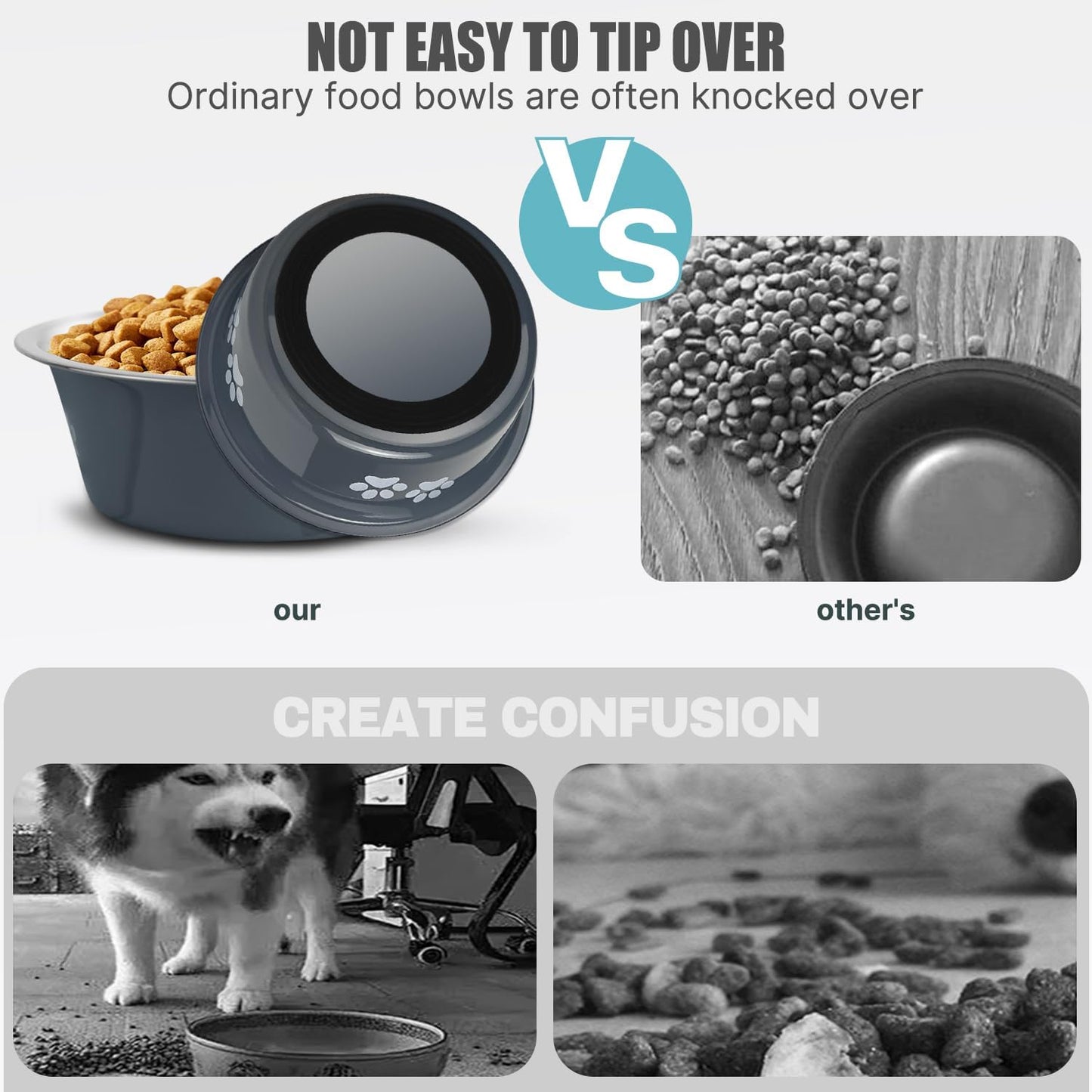 Stainless Steel Dog Bowls, Nonslip Rubber Bottom No Spill Proof Skid Metal Insulated Dog Bowls for Large Medium Small Breed Dogs (Grey, 3.6 Cups/29 OZ)