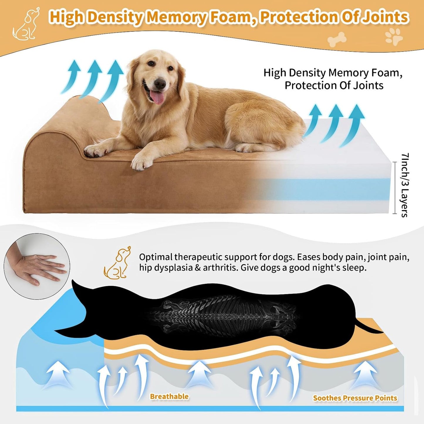 Large Orthopedic Dog Bed, 7" Memory Foam with Waterproof Liner, Chew Resistant Microsuede Cover, Removable and Washable, for Indoor, Outdoor, and Car Use, Nonskid Base, 60"x48" XXL Khaki
