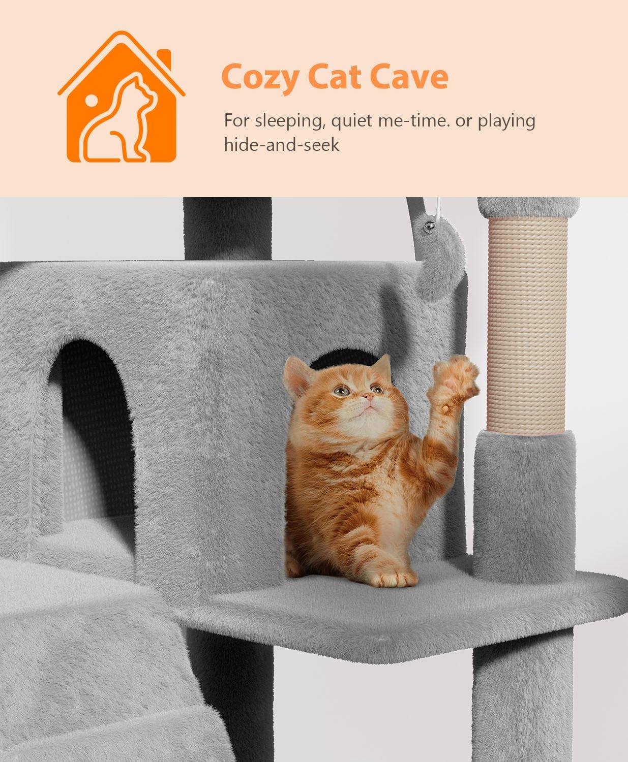 77'' Cat tree Tower for Indoor Cats Large Adult,Cute/Tall Modern Cat Tree for Big Cats 20 lbs,Plush Multi-Level Cat Condo with Scratching Posts,Dangling Ball for fun play(Light Gray, 77 inch)