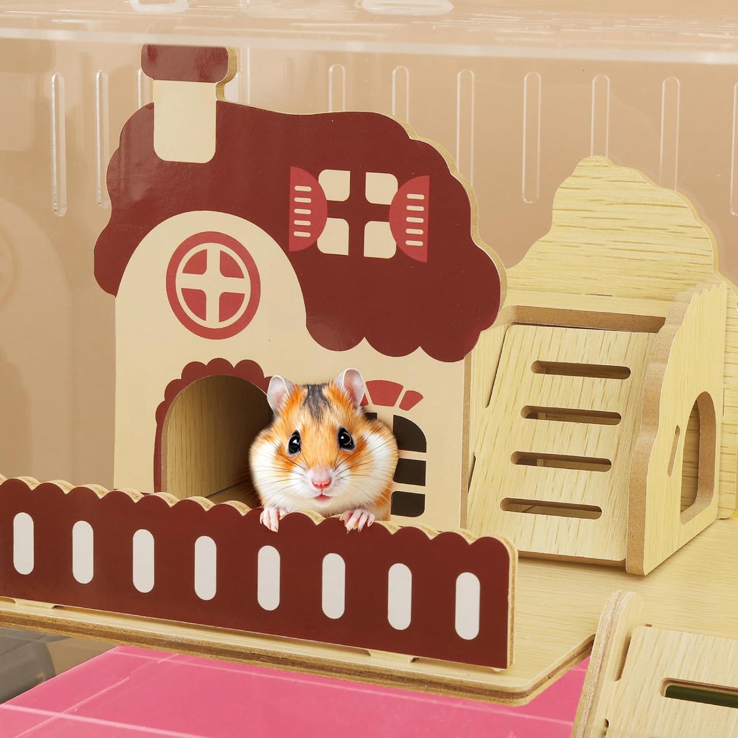 8 in 1 Clear Acrylic Hamster Cage with All Accessories,13.5''L* 10''W* 13''H Dwarf Hamster Cage,Small Hamster Habitat,Garden Style Mouse Cage for Pet Mice,Hamster Enclosure(1-Layer,Pink)