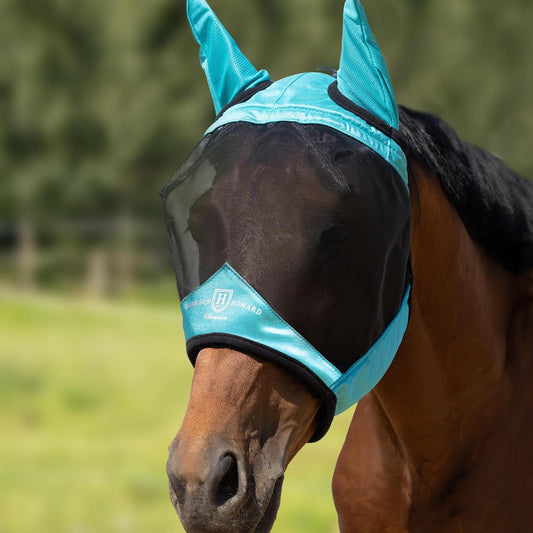 Harrison Howard Pro Luminous Horse Half Face Fly Mask Large Eye Space with Ears UV Protection for Horse Teal S