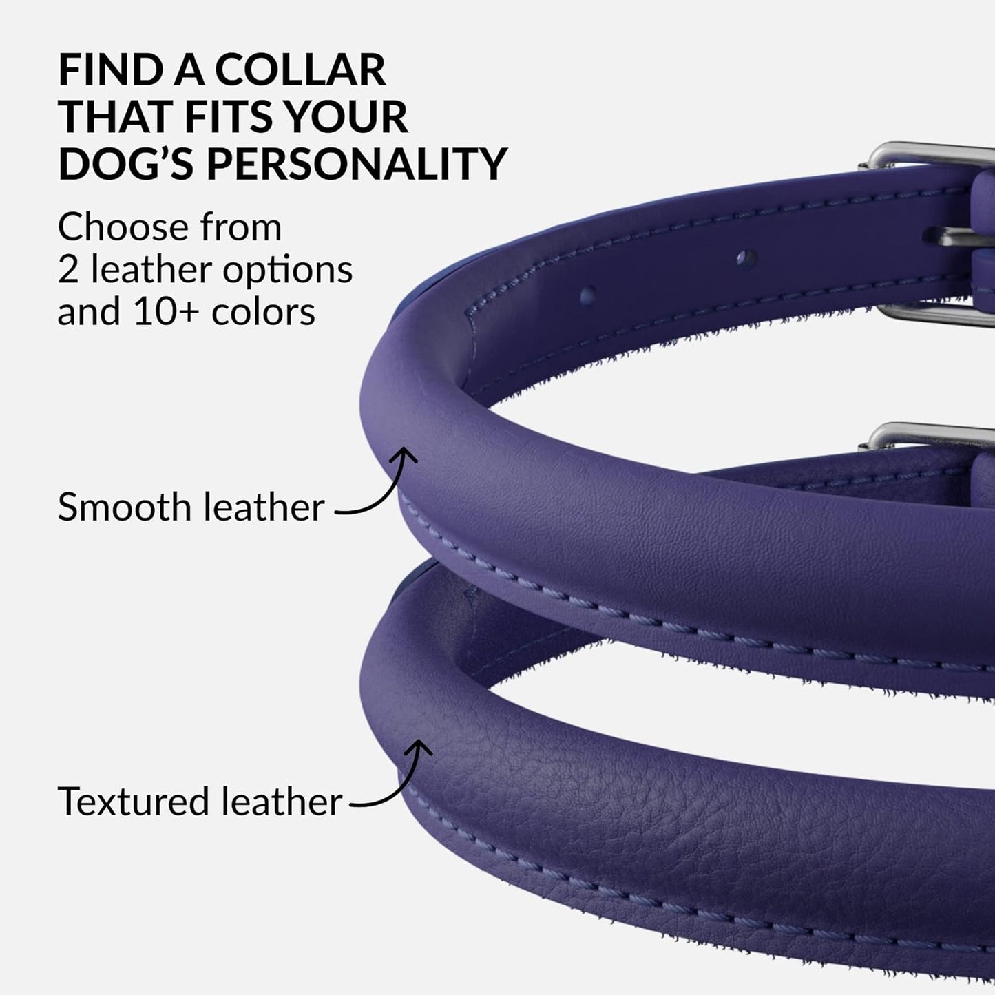 CollarDirect Rolled Leather Dog Collar, Soft Padded Round Puppy Collar, Handmade Genuine Leather Collar Dog Small Large Cat Collars 13 Colors (18-22 Inch, Purple Smooth)