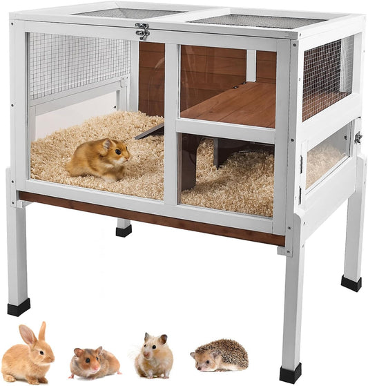 2-Story Guinea Pig Cage with Stand, Indoor Wooden Hamster Cage with Ramp, Pull-Out Tray, Hideout & Platform, Acrylic Transparent Small Animal Habitat for Chinchillas, Ferrets, Hedgehogs, Walnut