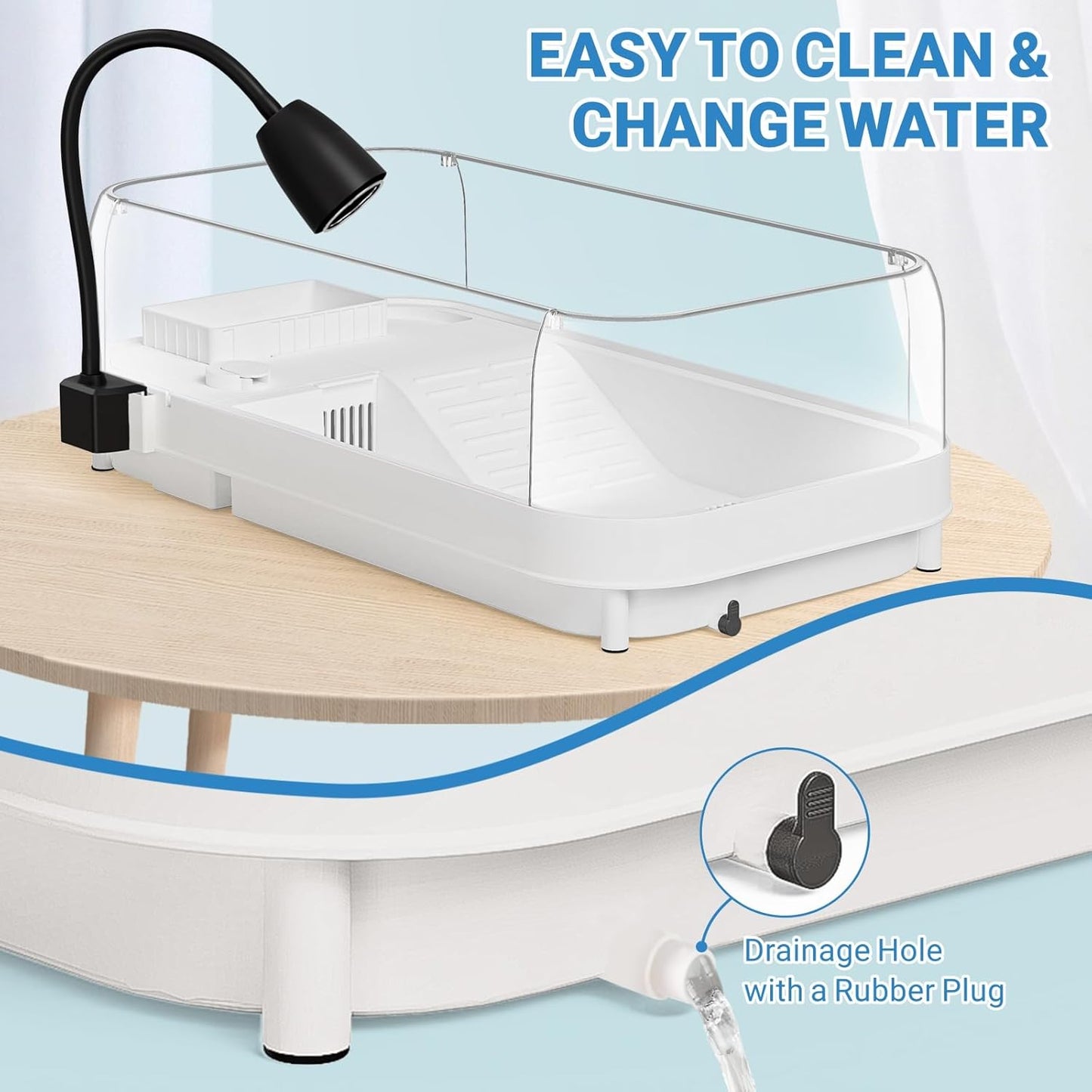 Large Turtle Tank Kit (Tank + Lamp + Filter), Acrylic Turtle Tank Starter Kit, Tank Aquarium with Heightened and Curved Fences, Bottom Drainage, Multi-Function Areas (Black Lamp)