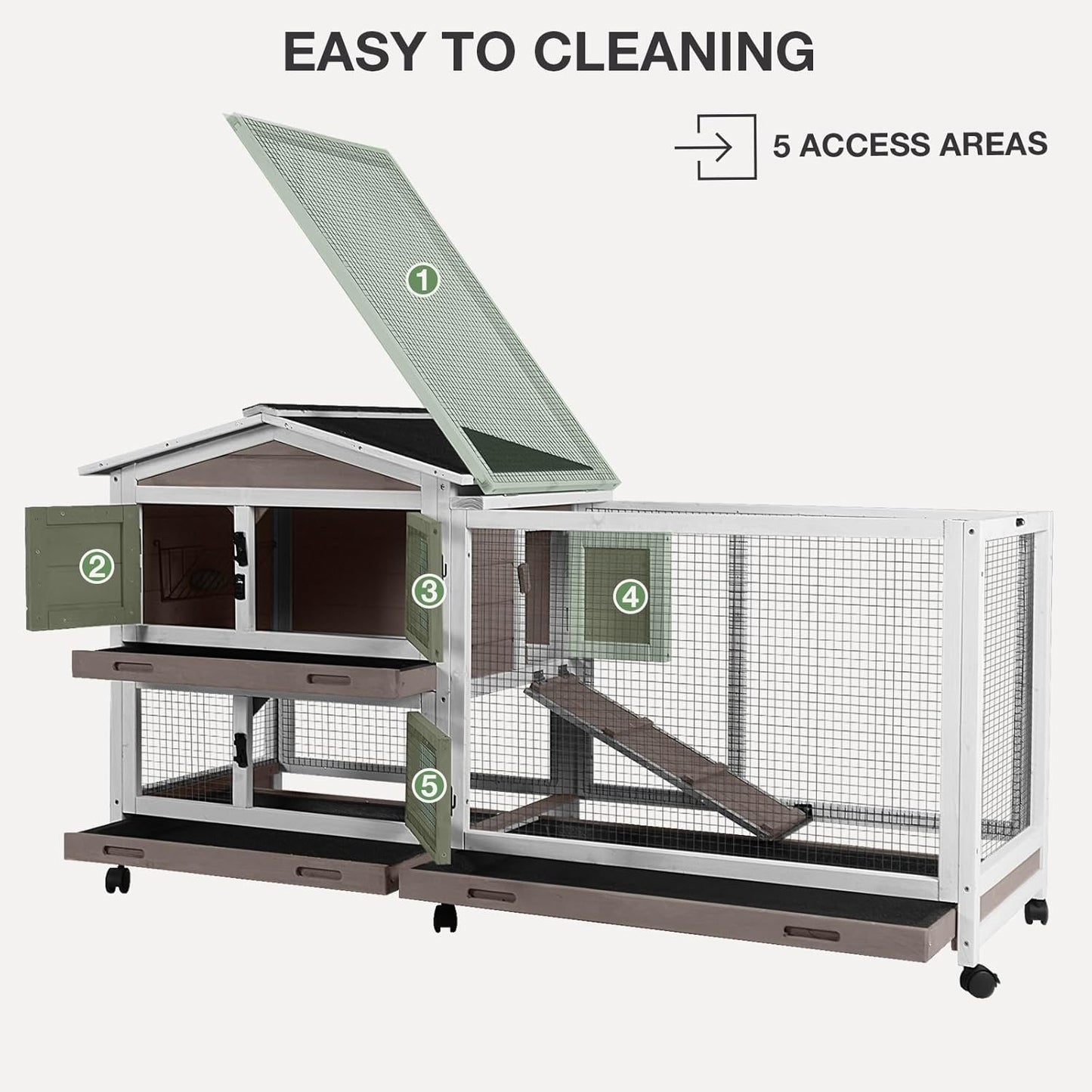 2-Story Indoor Rabbit Hutch with Chew-Proof Outdoor Rabbit Cage with 6 Locking Casters Bunny Cage 2 Pull-Out Trays Guinea Pigs Cage 62" Brown