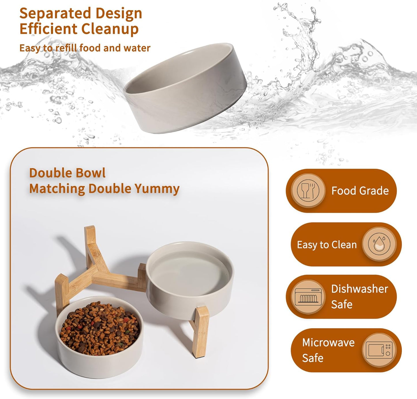 Elevated Ceramic Dog Bowl Set - Raised Feeding Bowls with Non-Slip Bamboo Stand - Small Pet Dishes for Food and Water - Ideal for Cats and Puppies - 16.23 OZ - 2 Cups - 480 ML