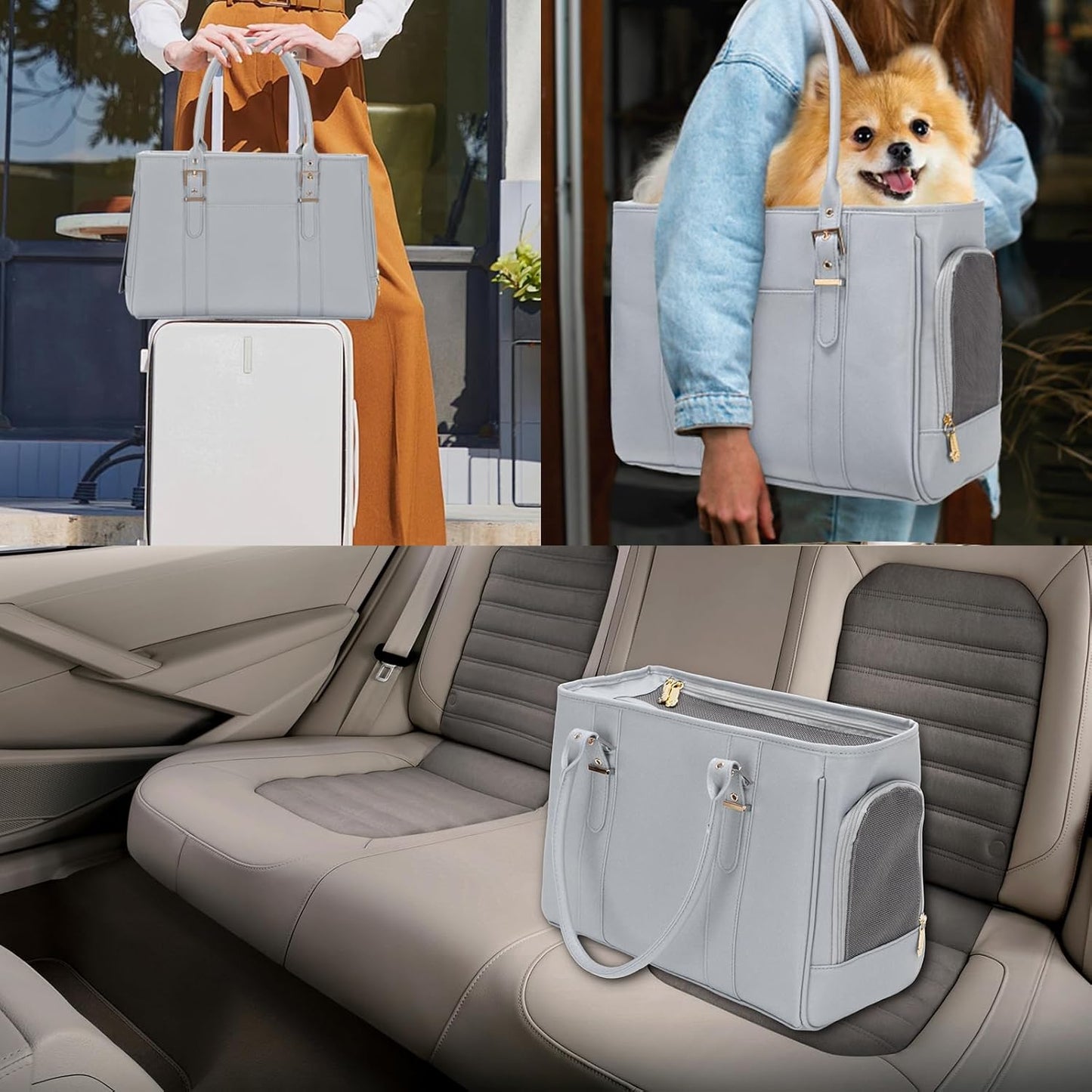 Fashion Pet Carrier Dog Purse Cat Bag Soft-Sided Carriers Travel Airline Approved, Stylish Leather Tote Handbag for Small Animal Puppy Kitten (Grey)