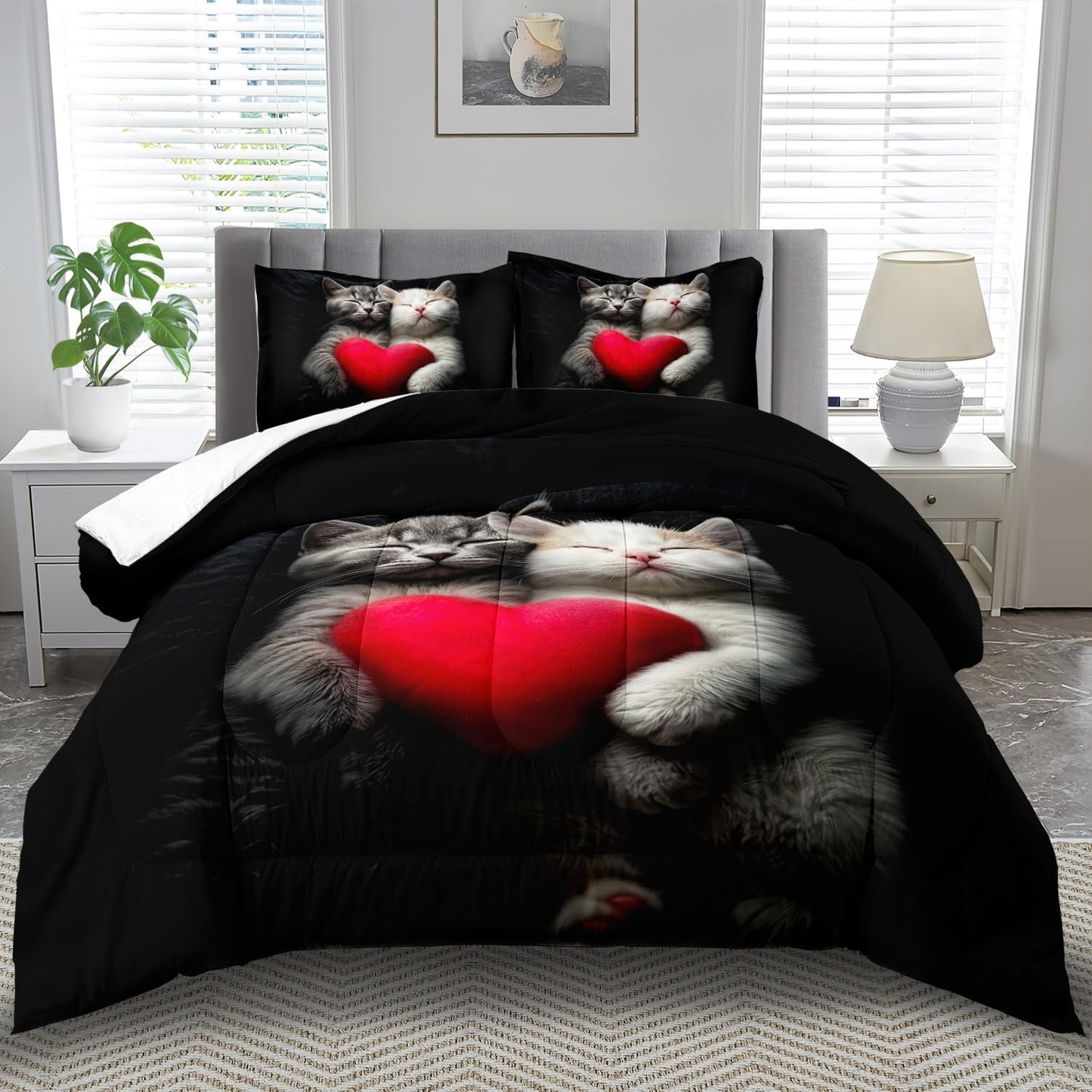 Cute Cat Comforter Set Twin,Kawaii Cat Bedding Set for Girls,Cute Animal Comforter Red Love Heart Bedding Decor,Kawaii Farm Animal Quilt Patterns Kids and Adults