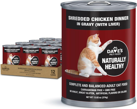 Dave's Pet Food Grain Free Wet Cat Food (Shredded Chicken in Gravy), Made in Canada Naturally Healthy Canned Cat Food, 13.2 oz (12 Pack)