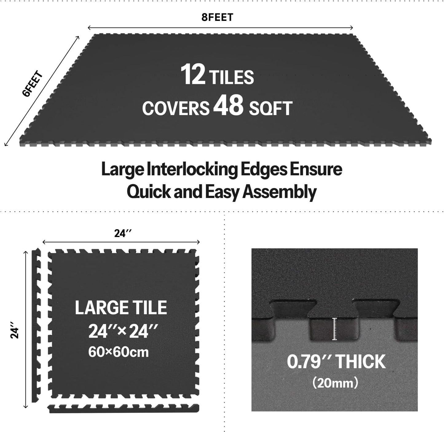 AIRHOP 0.79in Thick 48 Sq Ft Exercise Equipment Mats, 12 Tiles Upgraded Rubber Top with High Density EVA Foam, Large Interlocking Puzzle Gym Flooring for Home Gym, Heavy Weight Workout,Black