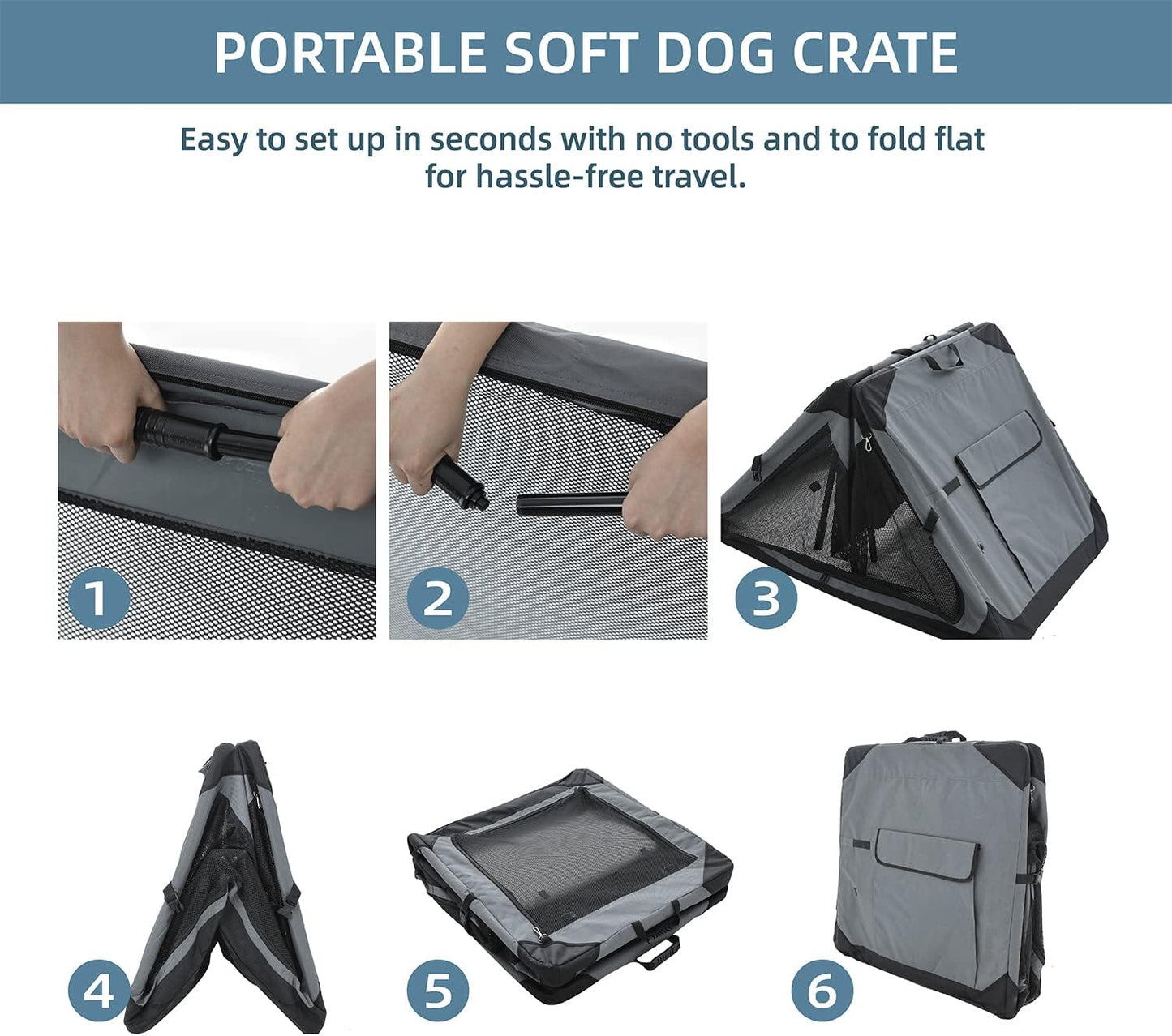Pettycare 36 Inch Collapsible Crate for Large Dogs, 4-Door Foldable Soft Kennel with Chew Proof Mesh Windows for Indoor & Outdoor Travel