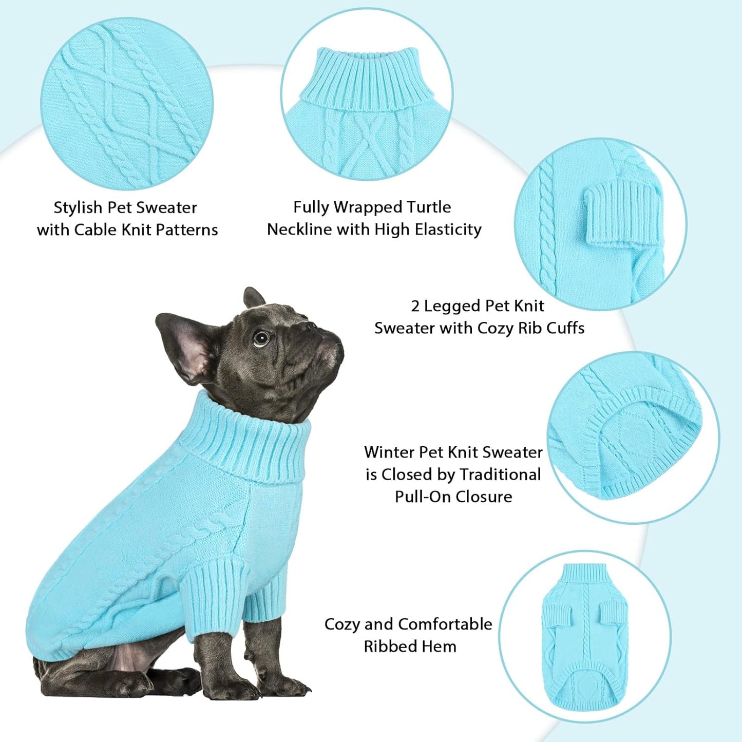Queenmore Small Dog Pullover Sweater, Cold Weather Cable Knitwear, Classic Turtleneck Thick Warm Clothes for Chihuahua, Bulldog, Dachshund, Pug (Sky Blue, Large)