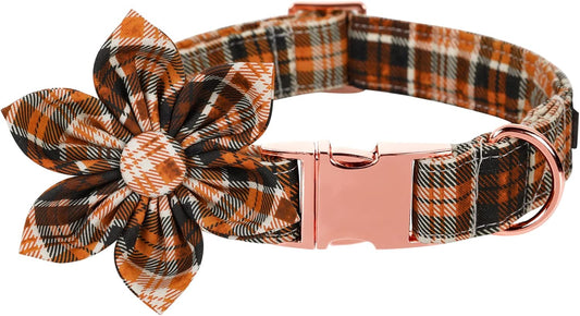 Lionet Paws Dog Collar with Flower - Cute Cotton Adjustable Flower Dog Collar with Metal Buckle for Medium Dog Girl Gift, M, Neck 13.5-22in