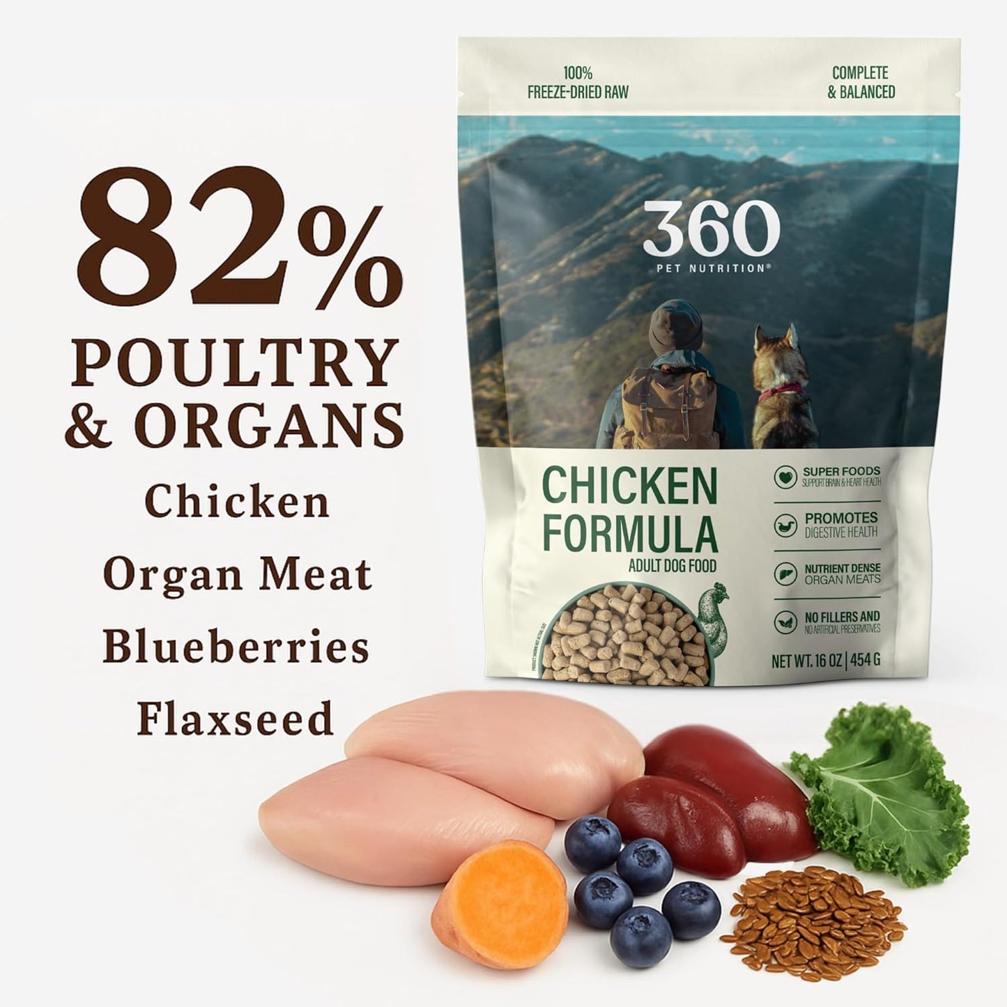 360 Pet Nutrition Freeze-Dried Raw Dog Food – Chicken Recipe with Liver & Organs, High Protein, Omega-3s, Fruits, Veggies & Superfoods, Grain-Free, No Fillers, 5 oz – Made in USA