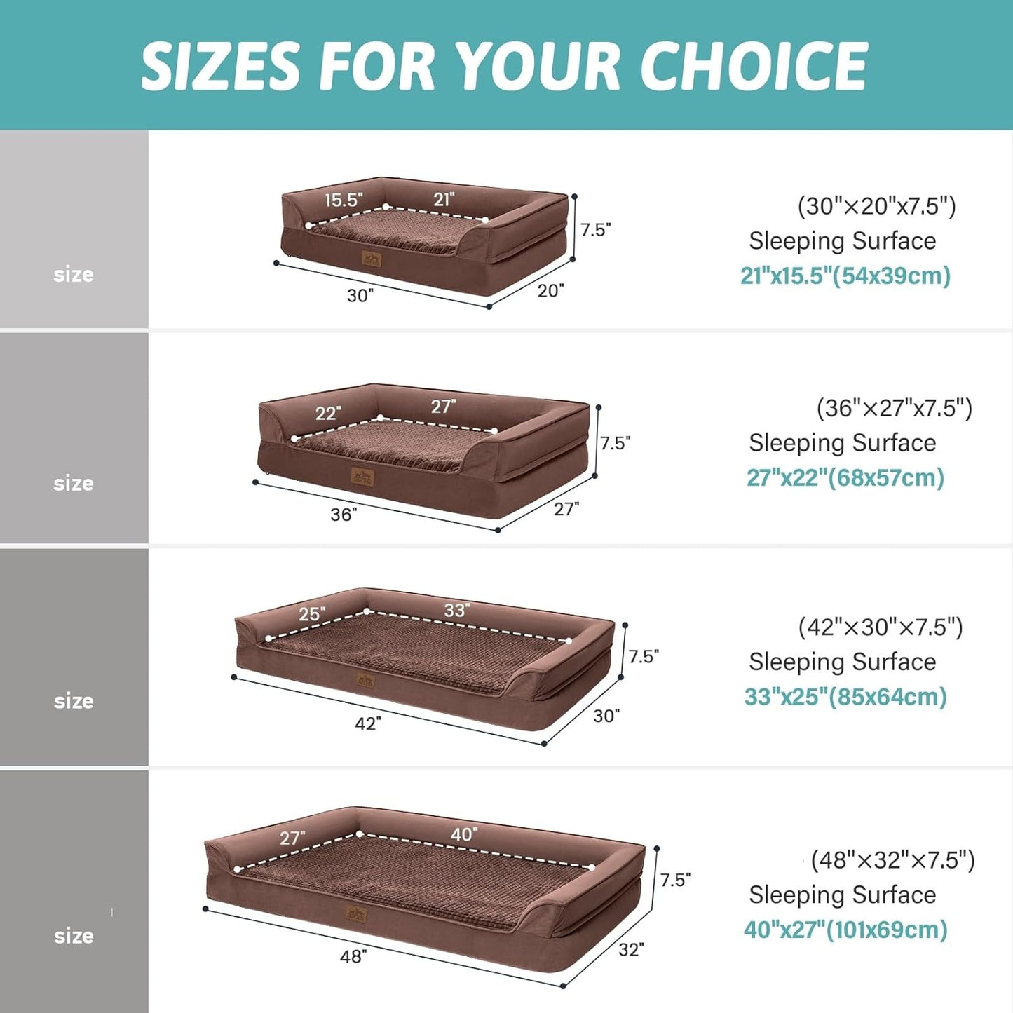 Orthopedic Dog Bed for Large Dog, Pet Couch for Medium Dog Cat, Big Supportive Foam Bolster Sofa with Waterproof Lining Cover, Anti-Slip, Comfort, Washable, 36x27x7.5 in, U Shape, Brown