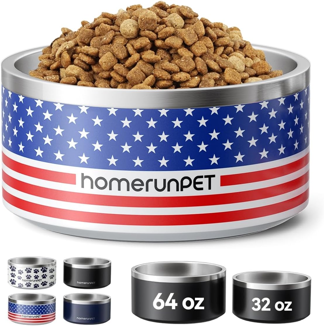 Homerunpet Double Wall Stainless Steel Dog Bowls, Non-Slip Base, Dishwasher Safe, Durable Pet Food & Water Bowl for Dogs & Cats(32oz, American Flag)