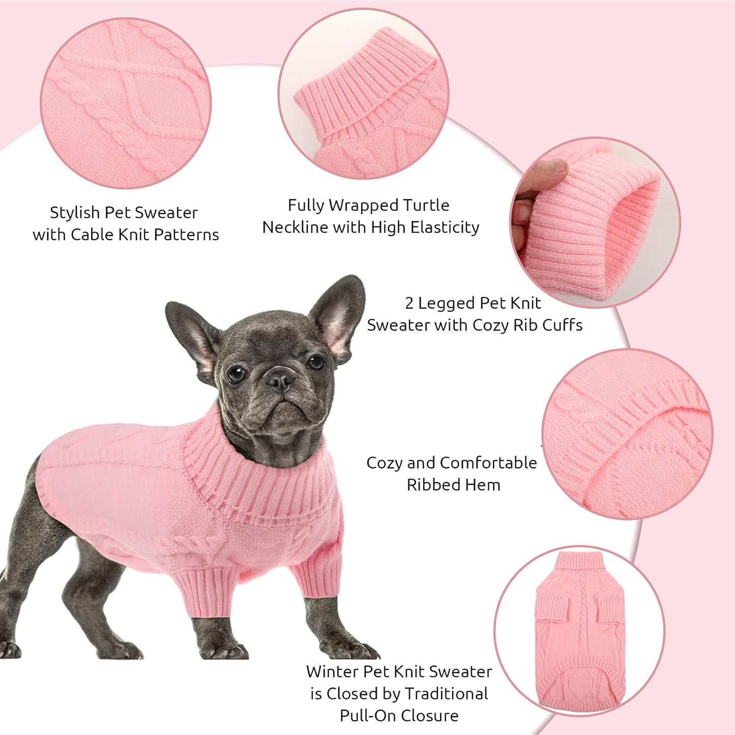 Queenmore Small Dog Pullover Sweater, Cold Weather Cable Knitwear, Classic Turtleneck Thick Warm Clothes for Chihuahua, Bulldog, Dachshund, Pug, Yorkie (Pink, X-Large)